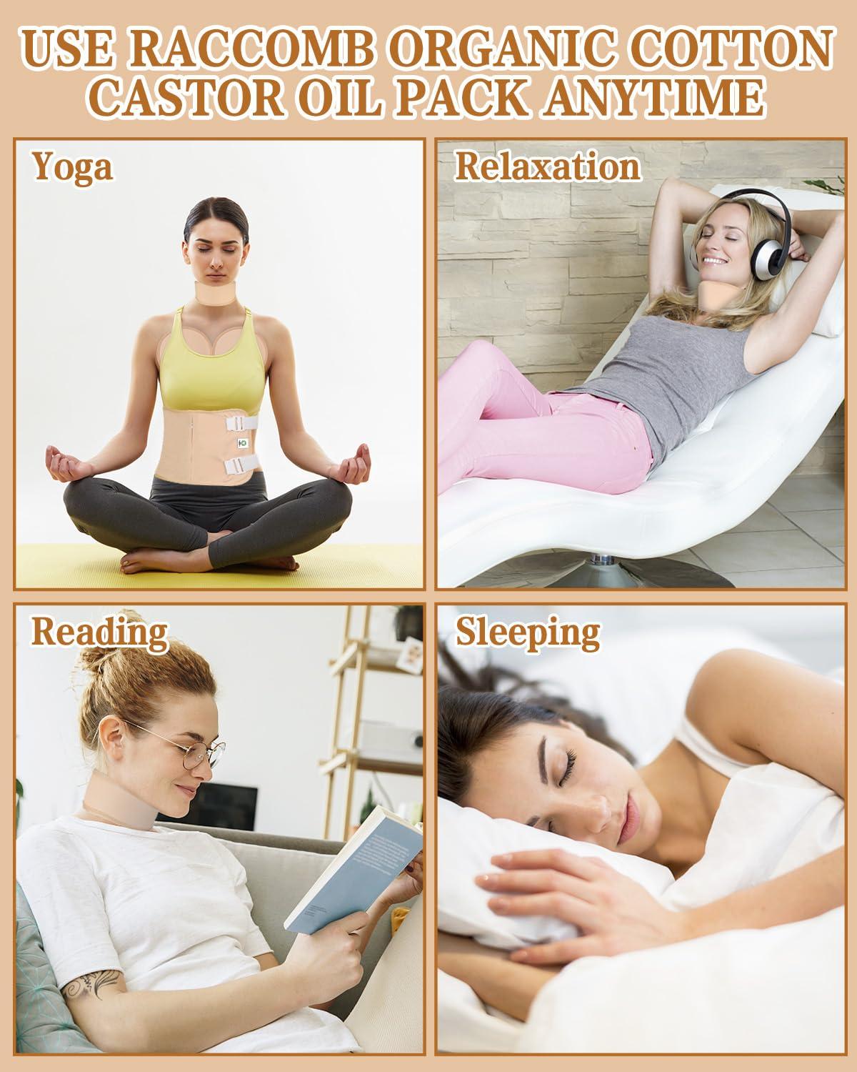 Raccomb Castor Oil Packs Organic Cotton - Adjustable Reusable Organic Castor Oil Pack Compress Kit for Women, Castor Oil Wraps Organic for Entire Body Neck Stomach Waist Chest Knee