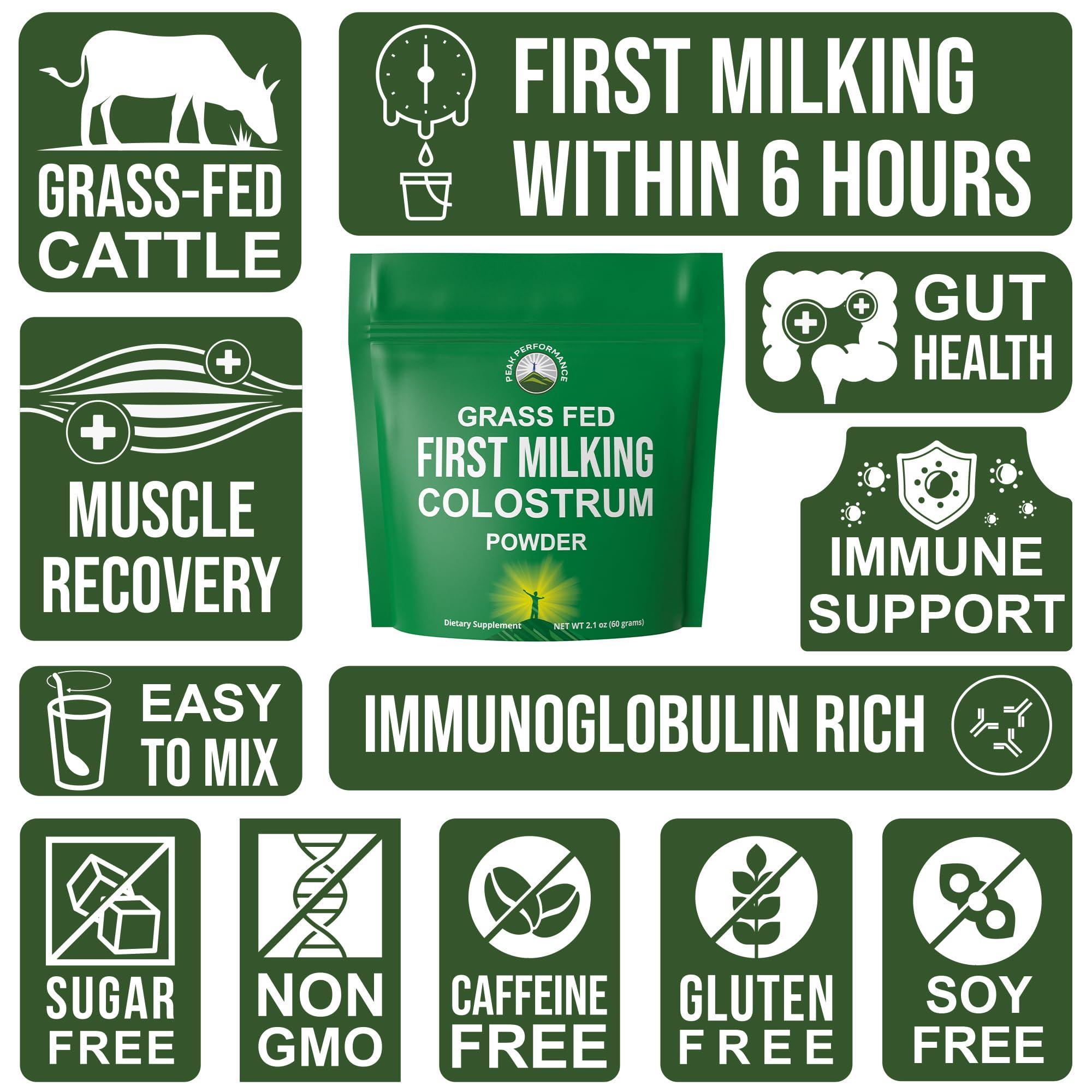 Peak Performance First Milking Colostrum Powder from Grass Fed USA Cows Milked Within 6 Hours of Giving Birth to Get The Most Bioactive Nutrients. High Immunoglobulin Bovine Colostrum Supplement for Humans