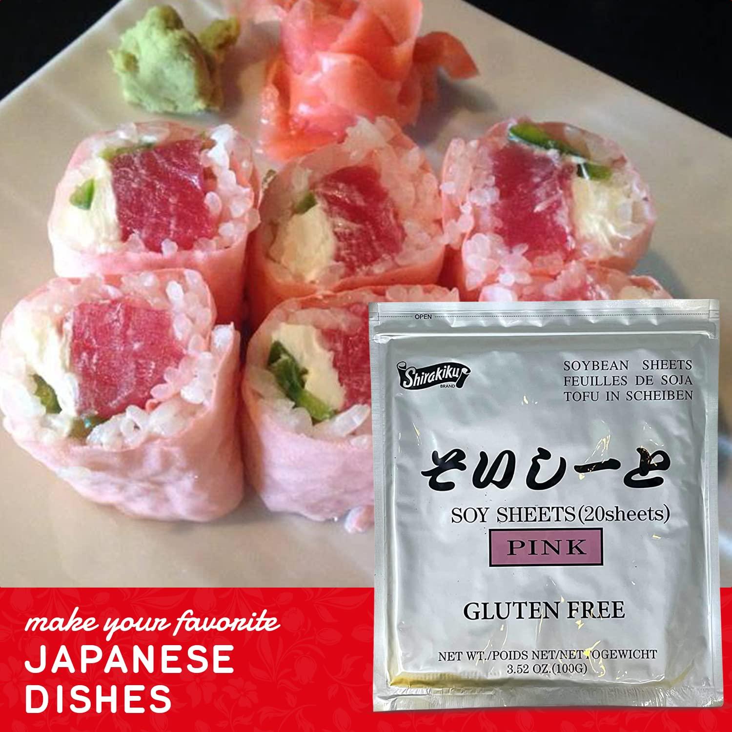 SHIRAKIKU BRAND Shirakiku Pink Sushi Soy Wrapper- Authentic Japanese Gluten-Free Wraps for Tofu, sushi | Soy Proteins, Corn Starch, Rice Powder, and Cochineal Extract | Easy to Use 20 Sheets - (3.52 Oz)