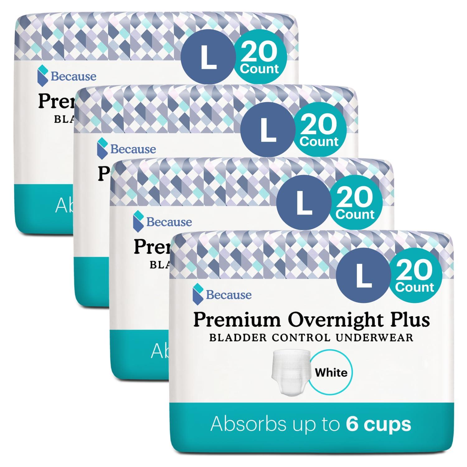 Because Because Overnight Absorbency Pull Ups - Adult Disposable Incontinence Underwear, Extra Absorbent Nighttime Pull Ups for Men and Women, White, Large, 80 Count (4 Packs of 20)