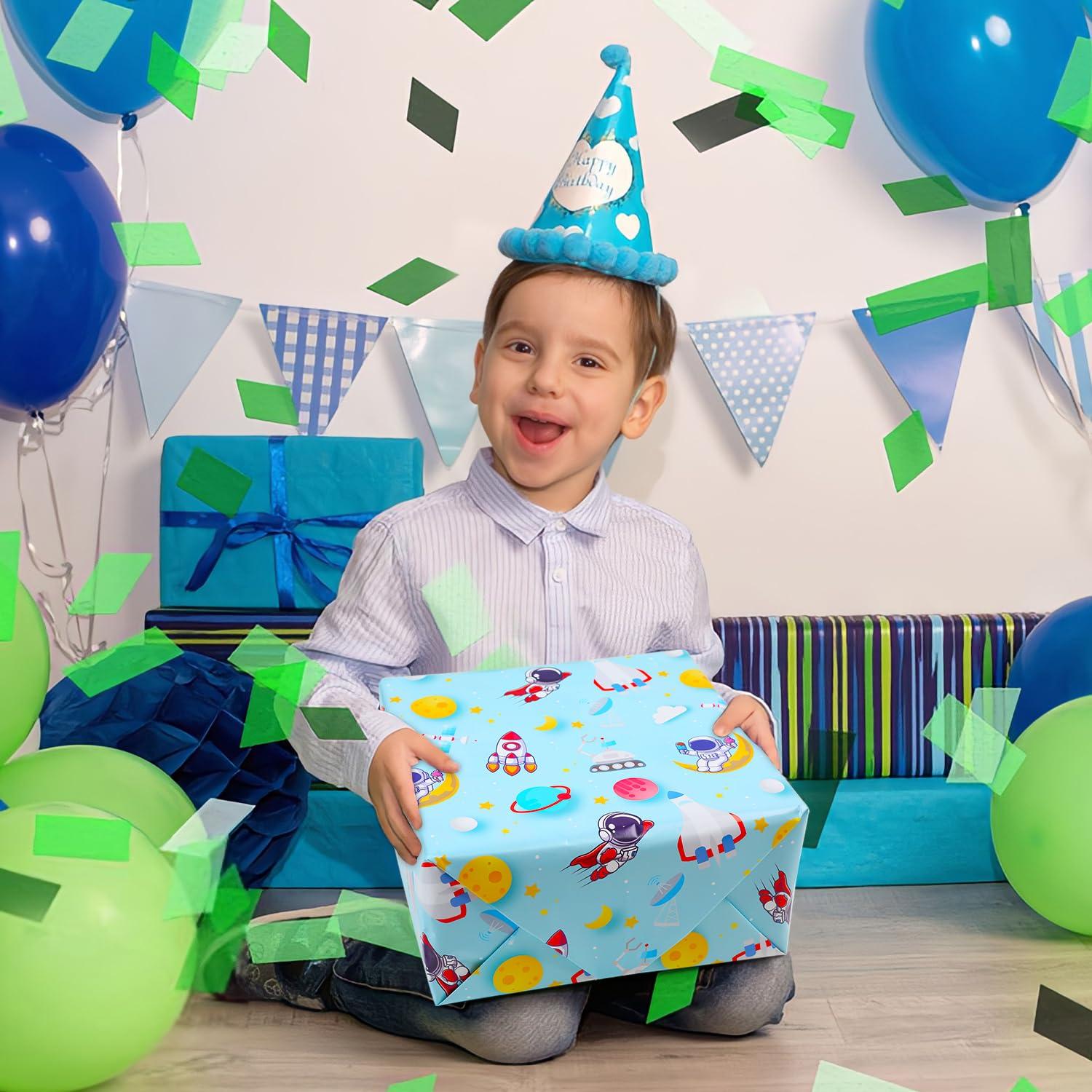 NEPOG Outer Space Wrapping Paper for Boys Girls Kids, Astronauts Rockets Moon Planets Pattern Space Galaxy Wrapping Paper 6 Sheets Folded Flat 20x28 inches per Sheet for Space Theme Birthday Baby Shower