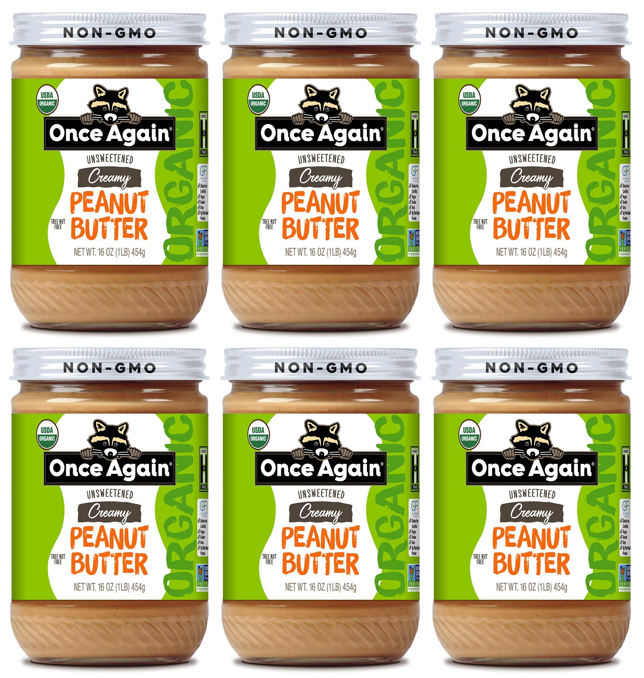 Once Again Once Again Organic Creamy Peanut Butter, 16oz - Lightly Salted, Unsweetened - USDA Organic, Gluten Free Certified, Vegan, Kosher - Glass Jar - Case of 6