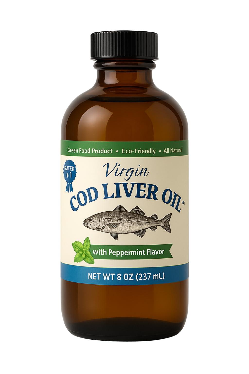 NutraPro International Virgin Cod Liver Oil - 8 Fl oz Natural, Wild Caught & Fresh Tasting,.High in Vitamin D, Omega 3 DHA/EPA (Peppermint Flavored)