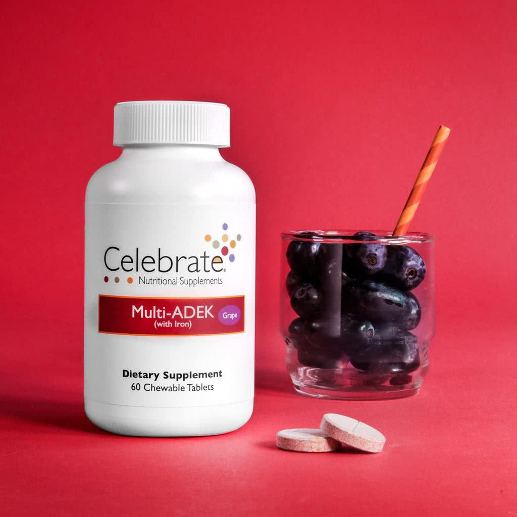Celebrate Bariatric Supplements Celebrate Vitamins Multi ADEK Chewables, 60mg Iron - Daily Bariatric Multivitamin, Vitamins A, D, E, K & B12 for Duodenal Switch Surgery Patients - Grape (60 Tablets)