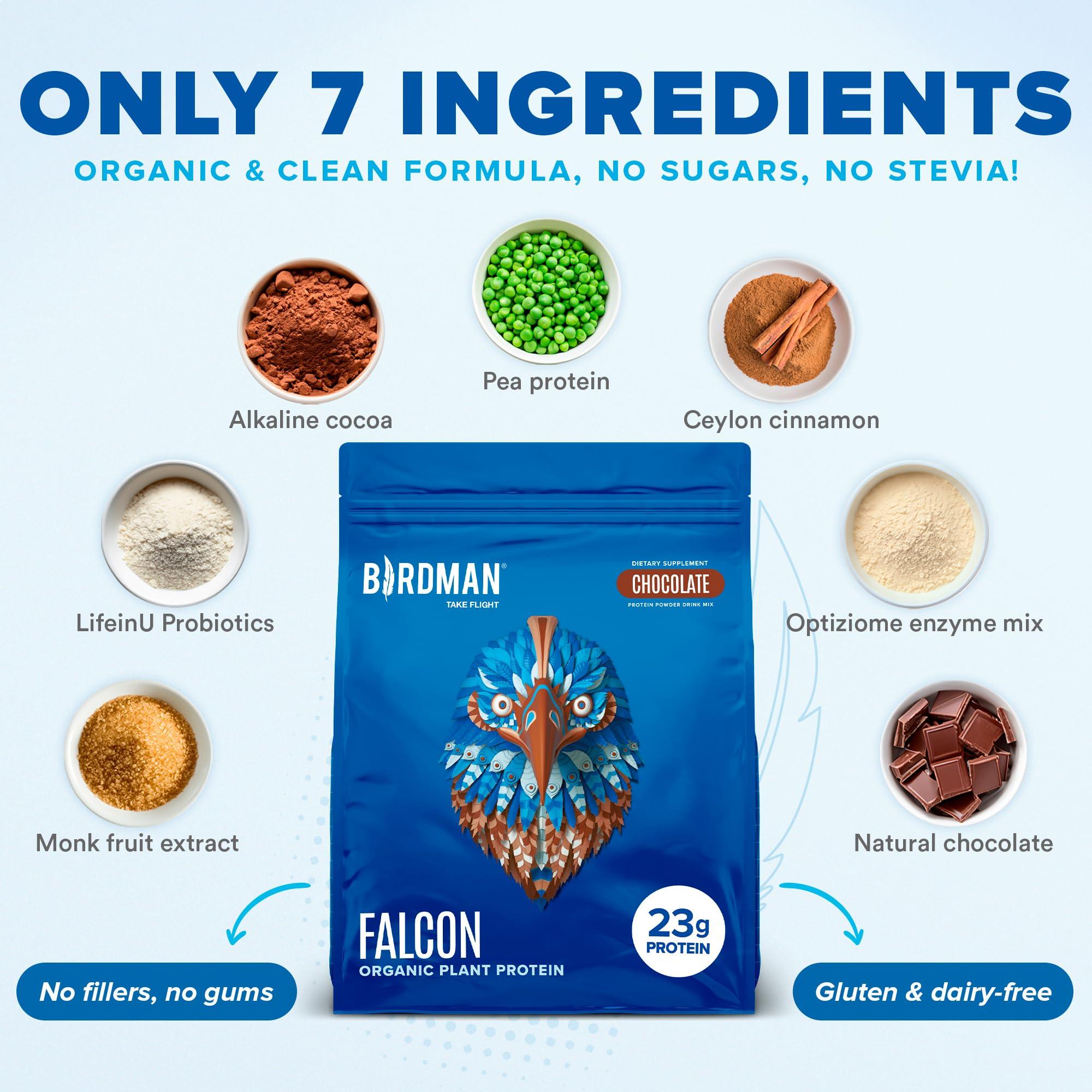 BIRDMAN BIRDMAN Falcon Vegan Protein Powder Organic, Stevia & Sugar Free, Plant Based Protein, Low Carb, Dairy Free, Keto, Non Whey Protein, Probiotic, Pea Protein | Chocolate Flavor - 60 Servings - 3.9lb