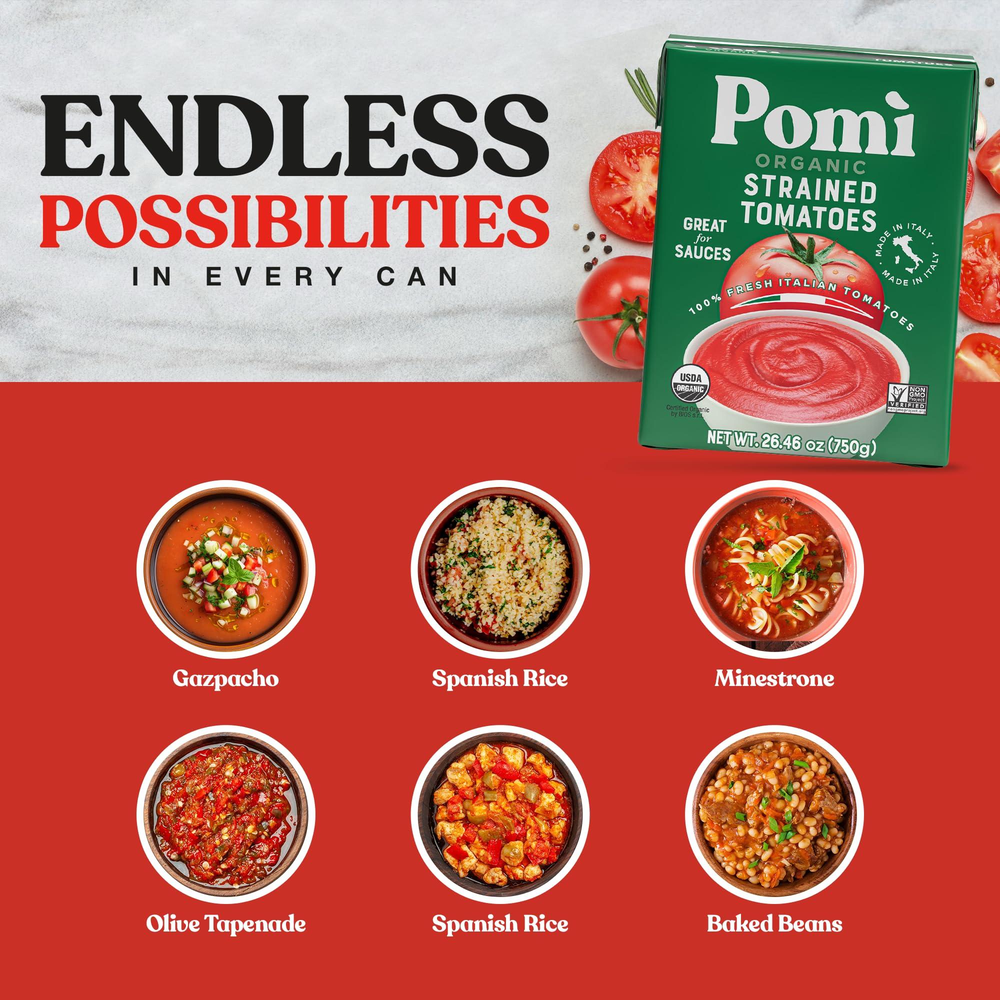 POMI\' Pom Organic Strained Tomatoes - Creamy, Velvety Puree - 100% Fresh Italian Tomatoes, Made in Italy - No additives, Kosher, Non-GMO, USDA Certified Organic - 26.46oz BPA-Free Carton (Pack of 12)
