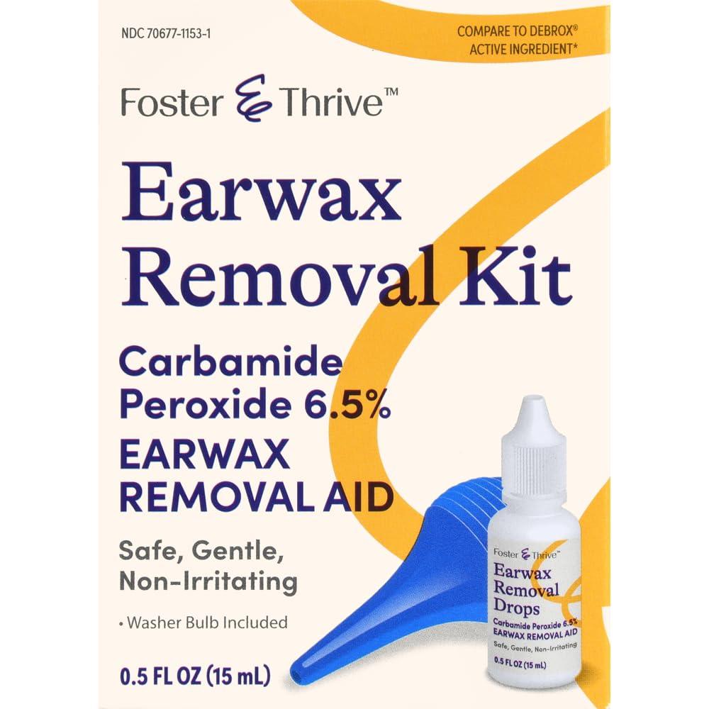 Foster & Thrive Foster & Thrive Earwax Removal Kit, Softens & Loosens Excess Earwax, Safe, Gentle and Non-Irritating, Carbamide Peroxide 6.5%, includes Drops and Ear Syringe Bulb (Pack of 2)