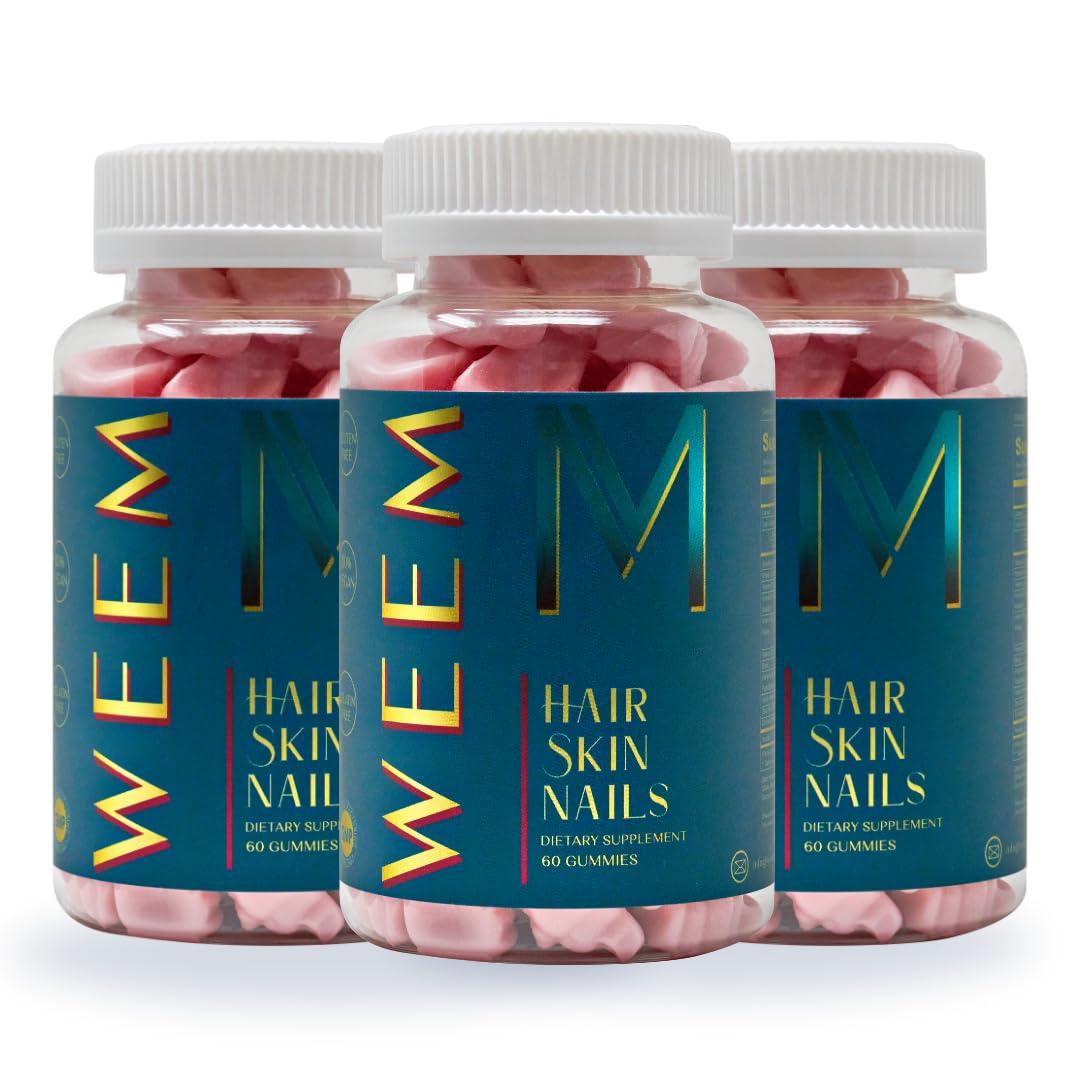 WEEM WEEM Hair Skin and Nails Gummies - Supports healthy hair - Vegan biotin Vitamins for Women & Men Supports Faster Hair Growth, Stronger Nails, Healthy Skin, Extra Strength (3)