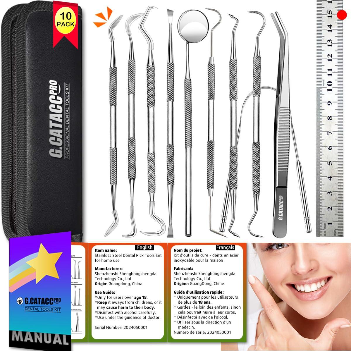 G.CATACC G.CATACC Dental Tools, 10 Pack Professional Plaque Remover for Teeth Cleaning Tools Set, Stainless Steel Dental Hygiene Kit with Dental Picks, Tartar Scraper, Tooth Scraper, Tongue Scraper- with Case