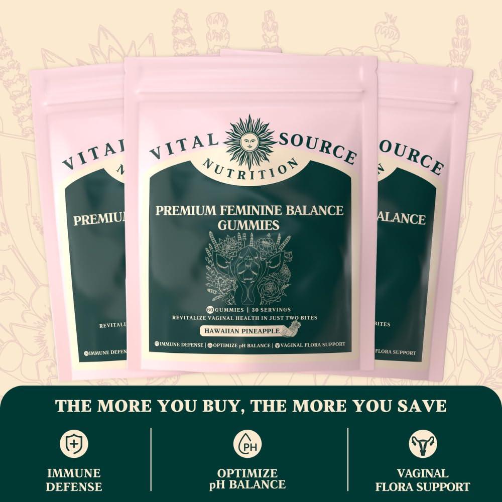 Vital Source Nutrition Vital Source Nutrition - Premium Feminine Balance Gummies - for Womens Health & Wellness - Immune Support - Vegan, Gluten-Free - Hawaiian Pineapple - 60 Gummies - 30 Servings