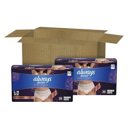 Always Always Discreet Boutique Incontinence and Postpartum Underwear for Women, Maximum Protection, L, Rosy, 44 Count
