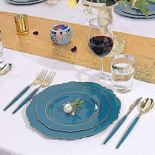 Nervure Nervure 100PCS Blue Plastic Plates With Gold Rim&Gold Disposable Silverware with Blue Handle Purple Plastic Plates 100 Packed&Gold Plastic Silverware with Purple Handle