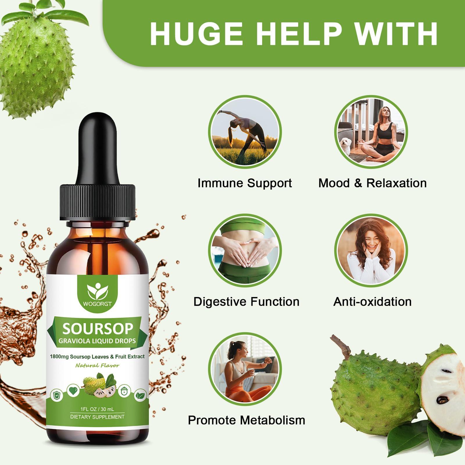 WOGORGT (2 Pack) Soursop Graviola Liquid Drops - 1800mg Soursop Extract - High Absorption Soursop Bitters Liquid for Cell Support & Regeneration, Immune Support, Antioxidant, Relaxation, Sugar Free - 1 Fl Oz