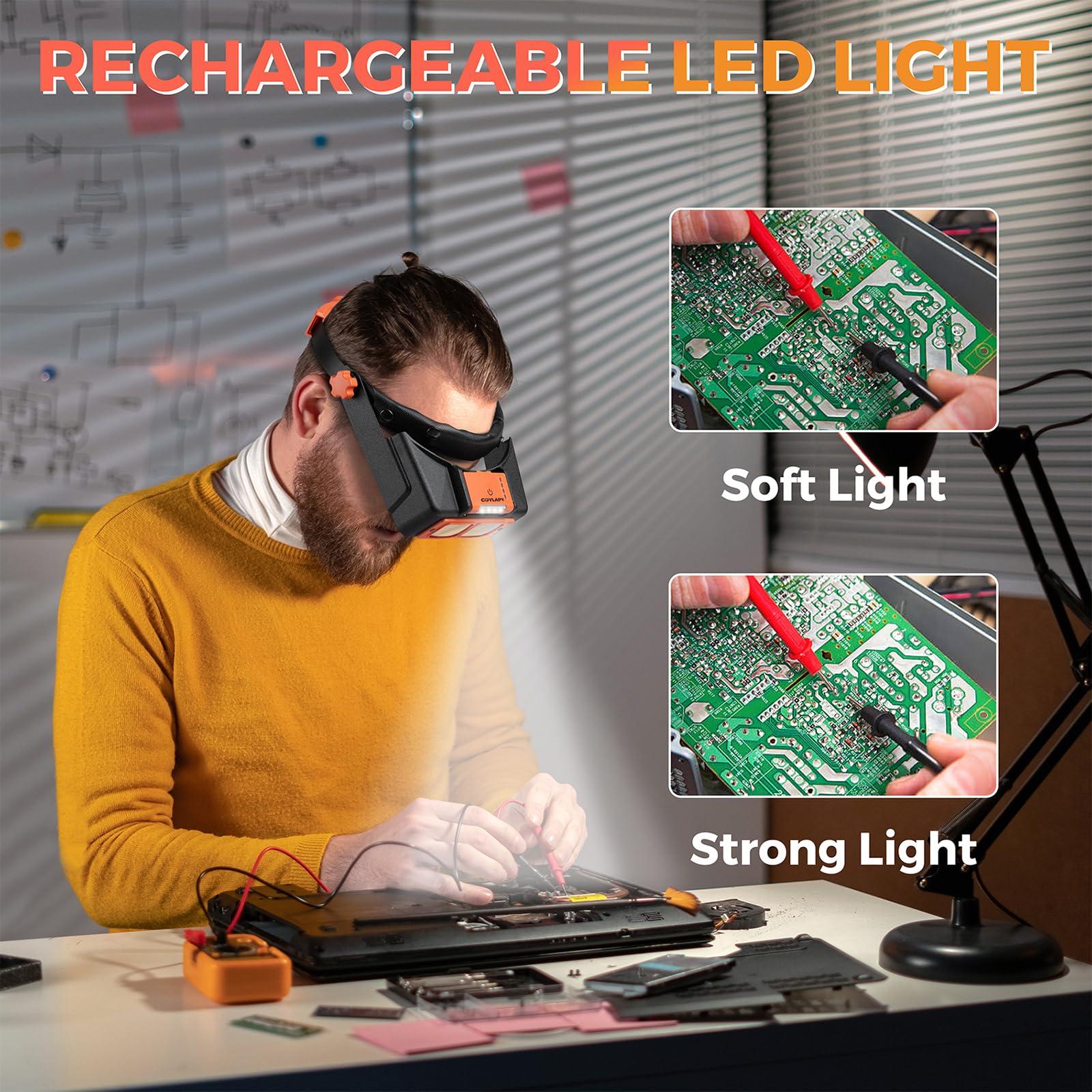COYLAPY Headband Magnifier with Light, Rechargeable Magnifying Glasses for Close Work, 1.5X - 3.5X Magnifying Headset with 4 Lenses, Jewelers Magnifying Glass Loupe Visor for Reading,Crafts, Hobby