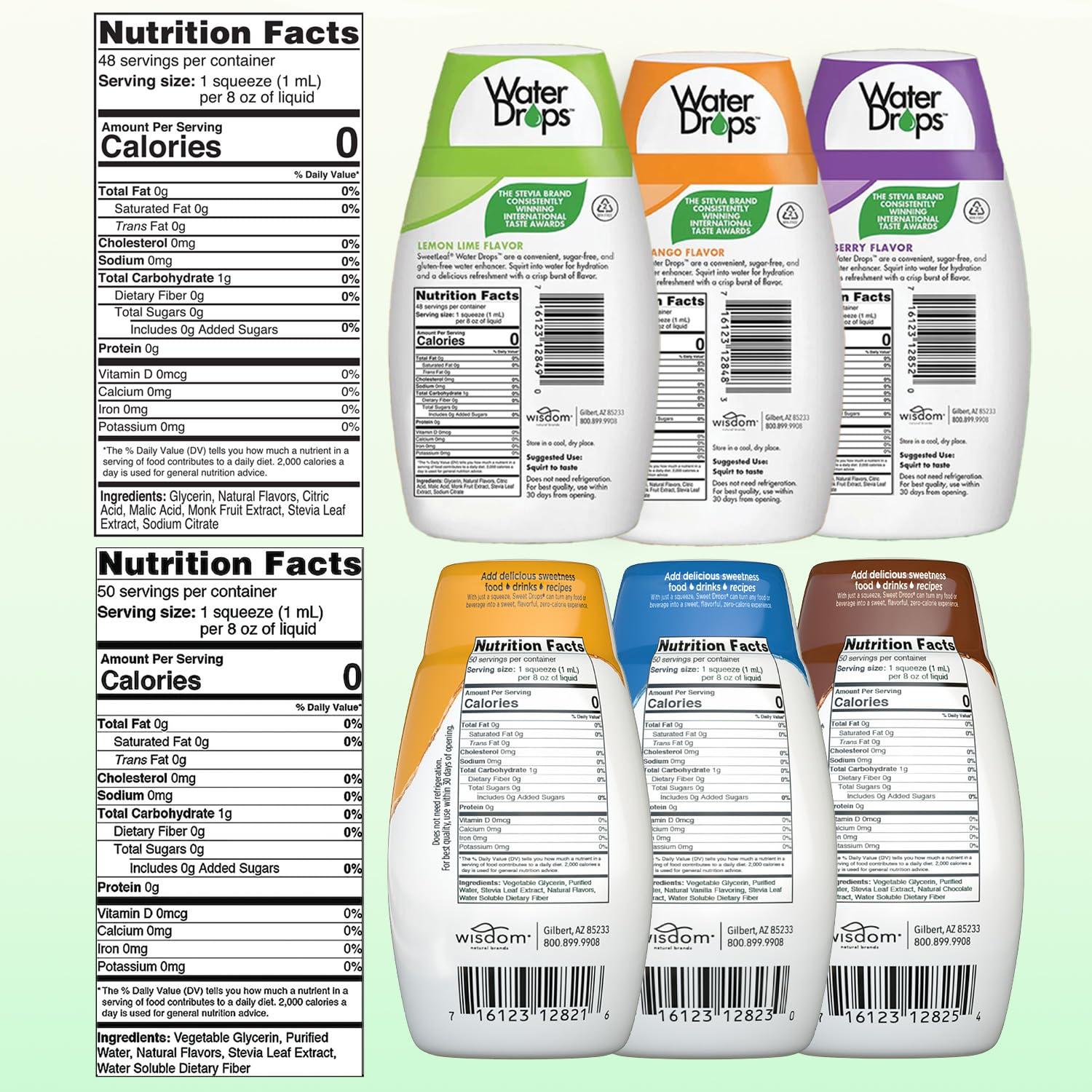 SweetLeaf SweetLeaf Stevia Liquid Variety 6-Pack Caramel, Chocolate, Vanilla Sweet Drops, 1.7 Oz Ea + Peach Mango, Lemon Lime & Mixed Berry Water Drops, 1.62 Oz Ea