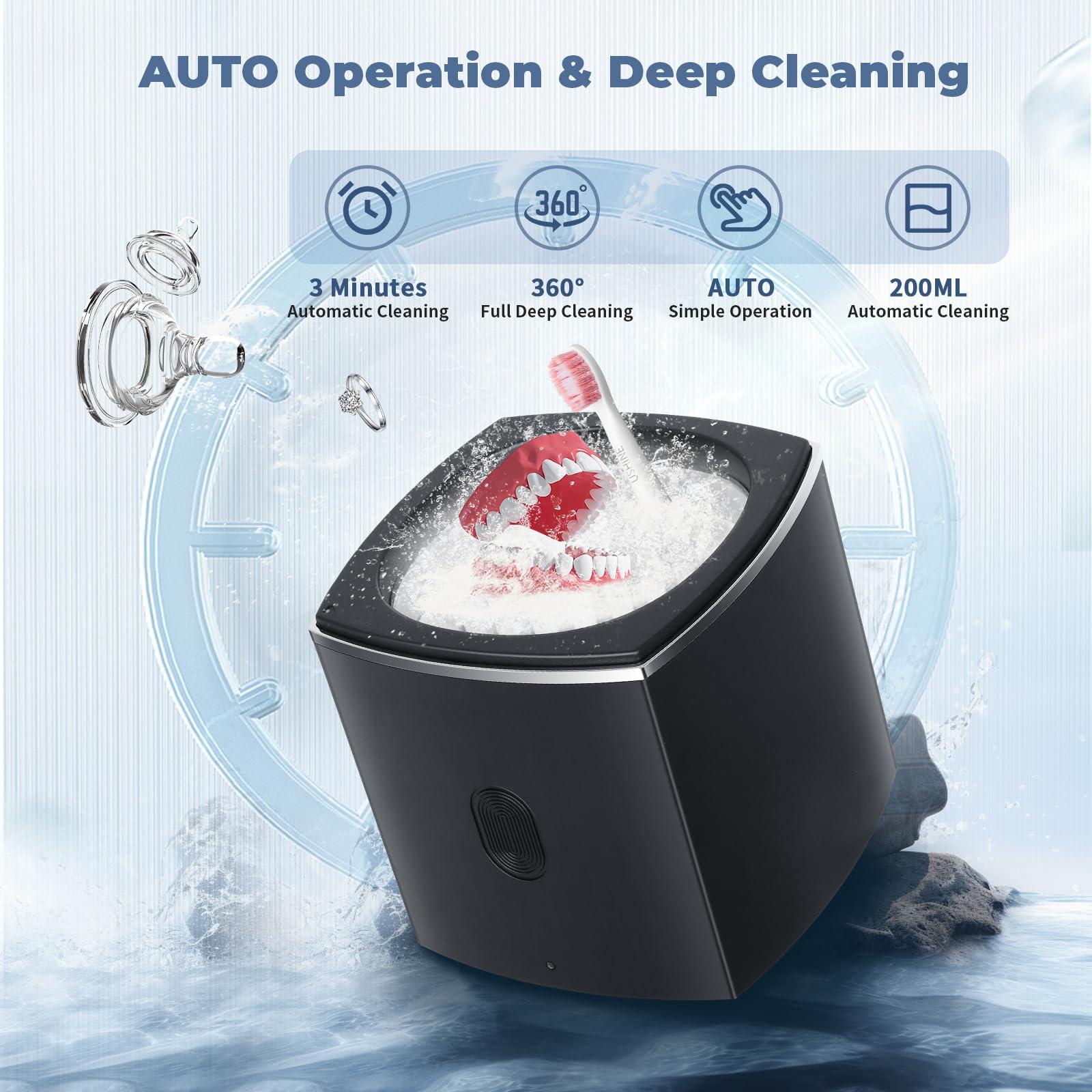 FAHKNS Ultrasonic Dental Cleaner;UltraSonic Retainer Cleaner Machine for Denture,Aligner,Earring,whitening tray,200ml Portable Mouth Guard Cleaner,Invisalign cleaner,Professional Sonic Jewelry cleaner black