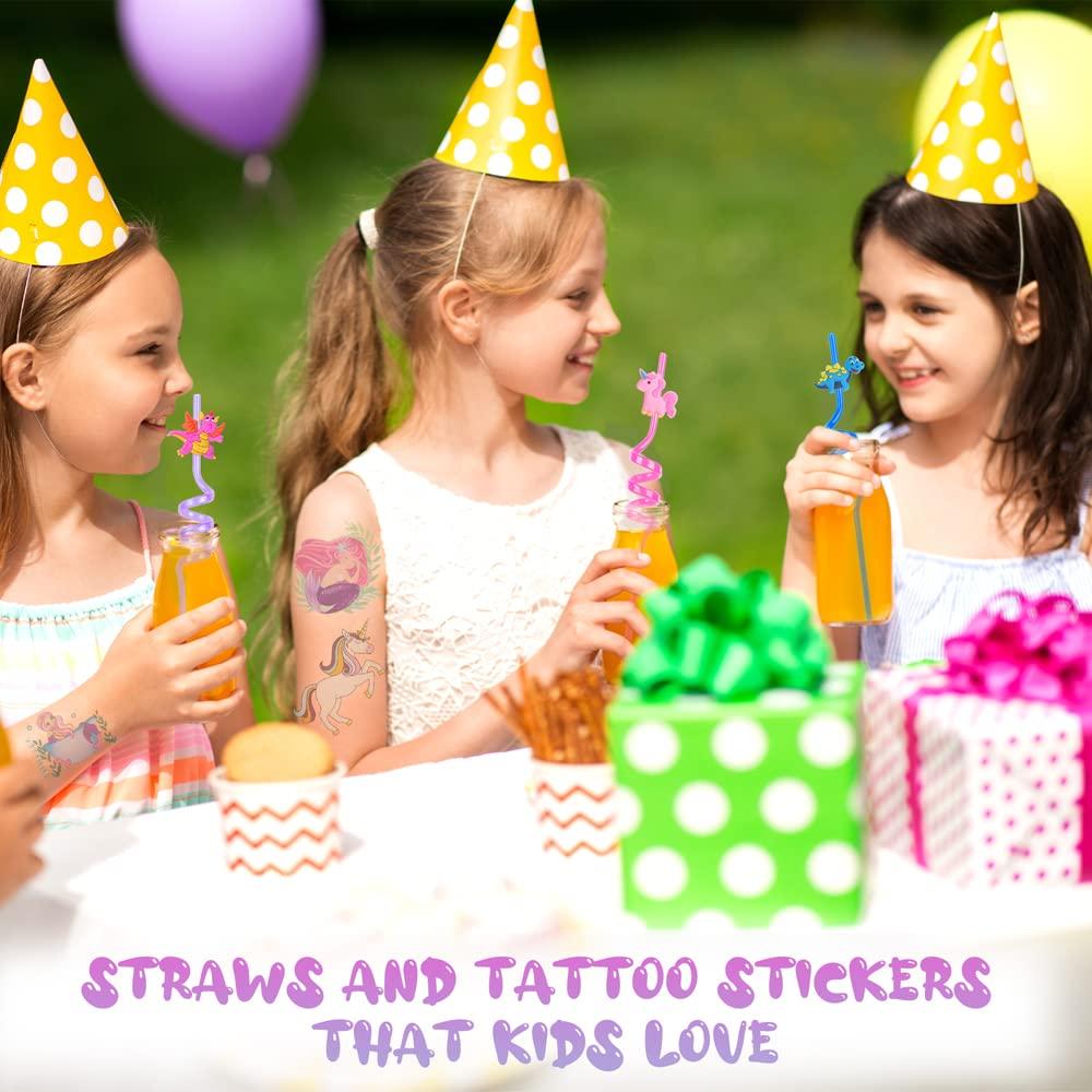 DLSMDOUS 24 Reusable Drinking Plastic Straws + 6 Temporary Tattoos or 6 Silicone bracelets for Girls and Boys Birthday Party Decorations with Unicorn,Mermaid,or Dinosoaur,plus 1 Cleaning Brush