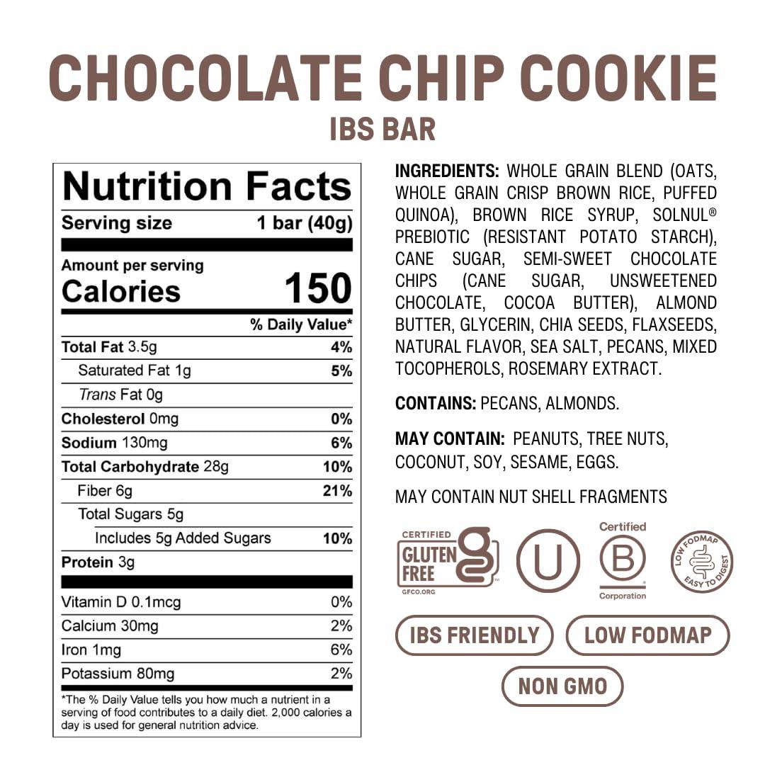 Fody Fody Foods IBS Bar | Chocolate Chip Cookie | Low Fodmap Snack | Supports GI Health | 6 Grams Prebiotic Fiber | Gluten & Lactose Free, Vegan | Pack of 12