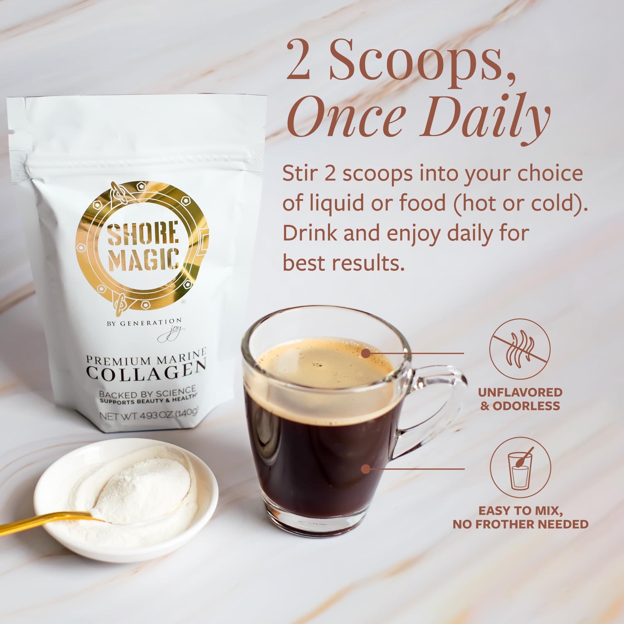 Shore Magic Shore Magic Premium Marine Collagen Powder with Type I II III and IV, Hydrolyzed Peptides for Women and Men, Sourced from Wild Fish, Certified Kosher, Unflavored, Sustainable 4.93 Oz Pouch