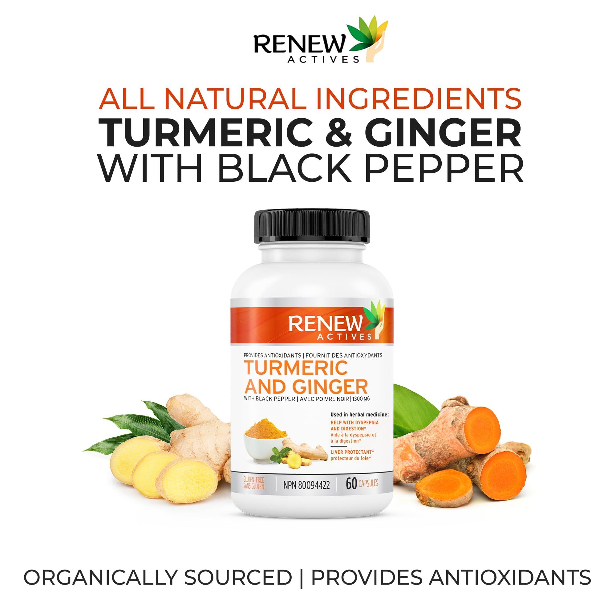 Renew Actives Renew Actives Ginger Turmeric Curcumin Capsules - Potent Antioxidant with Bioperine & Black Pepper Blend for Digestive & Liver Health - Easy-to-Swallow Capsules - 60 Vegan Capsules