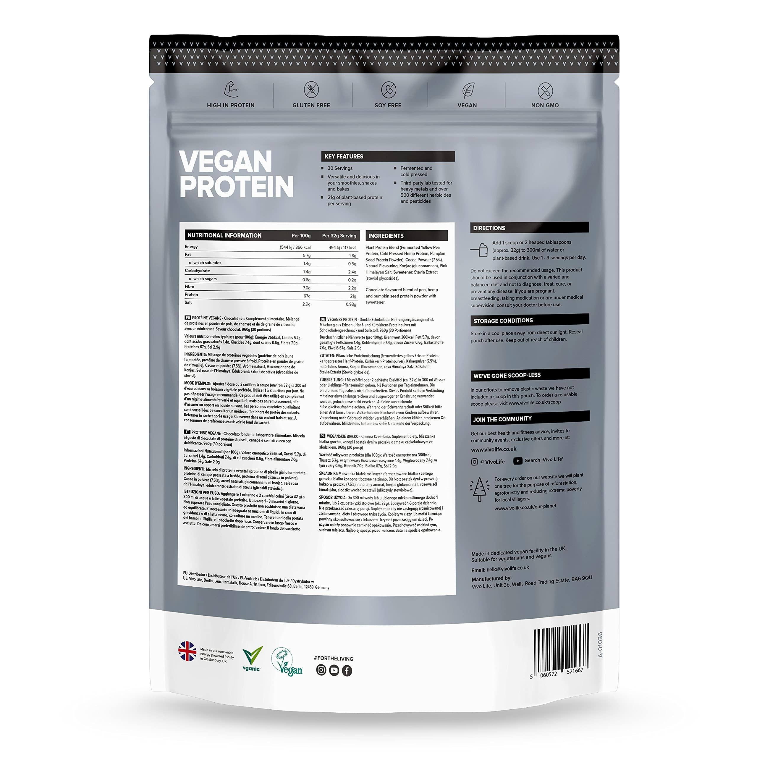 VIVO VIVO Vegan Protein Powder - 0.7 oz of Plant-Based Protein per Scoop, 30 Servings (33.8 oz) (Dark Chocolate)