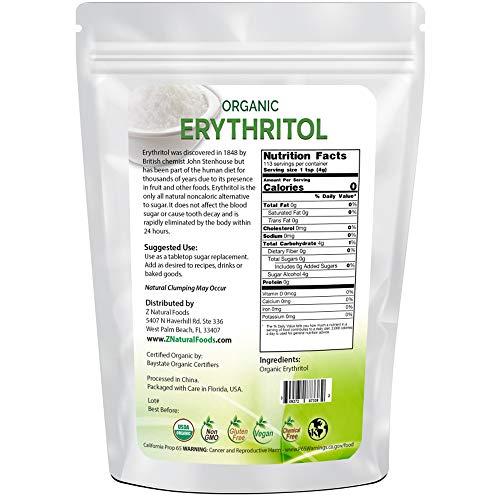 Z Natural Foods Organic Erythritol - Zero Calorie Alternative Sweetener - Low Glycemic Sugar Substitute - Great for Coffee, Tea, Drinks, Shakes, Cooking & Baking Recipes - Vegan, Non GMO & Gluten Free - 1 lb