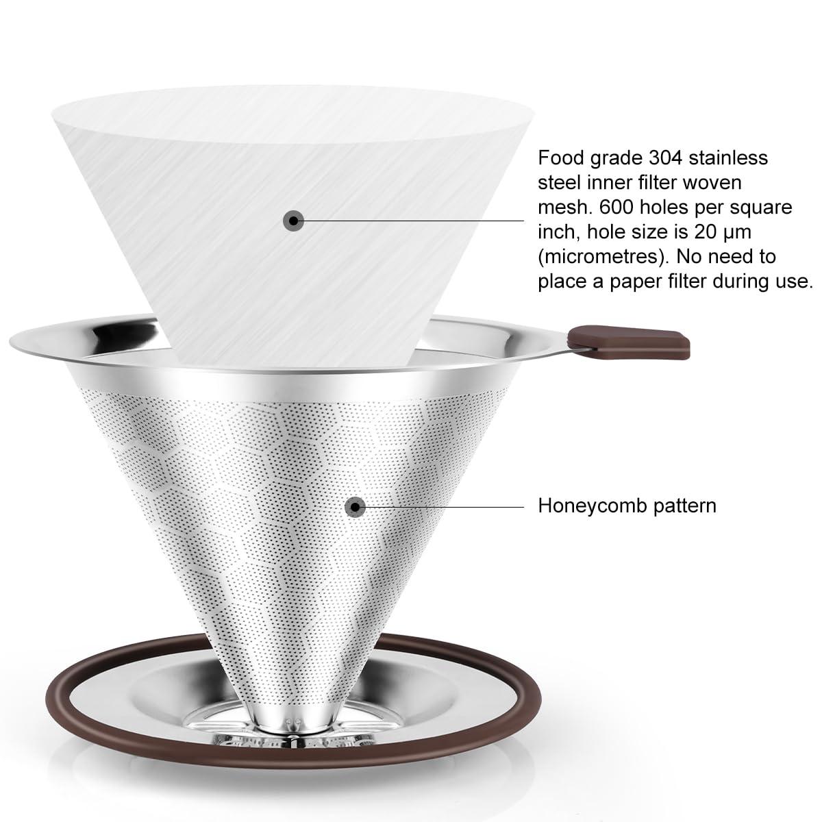 FACIACC FACIACC Pour Over Coffee Dripper, Professional Stainless Steel Coffee Filter, Paperless and Reusable, Upgraded Double Micro Mesh Filter with Spoon and Silicone Tray, Cleaning Brush (3-4 Cup)