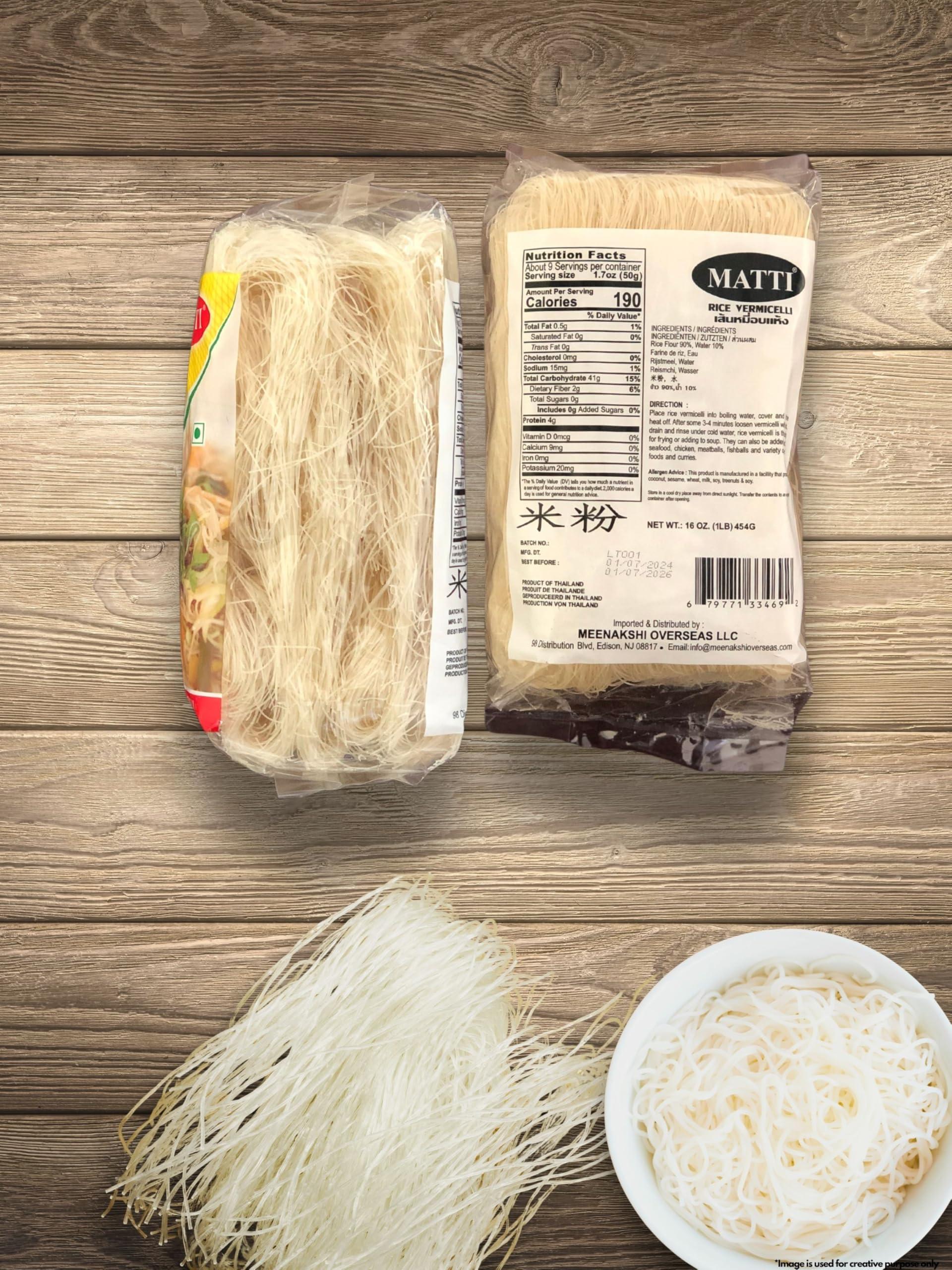 Meenakshi Overseas LLC Matti Thai Rice Vermicelli 16 Oz. (1LB) 454g |Product of Thailand| Premium Rice Noodles| Naturally Vegan| Thai Rice Noodles|