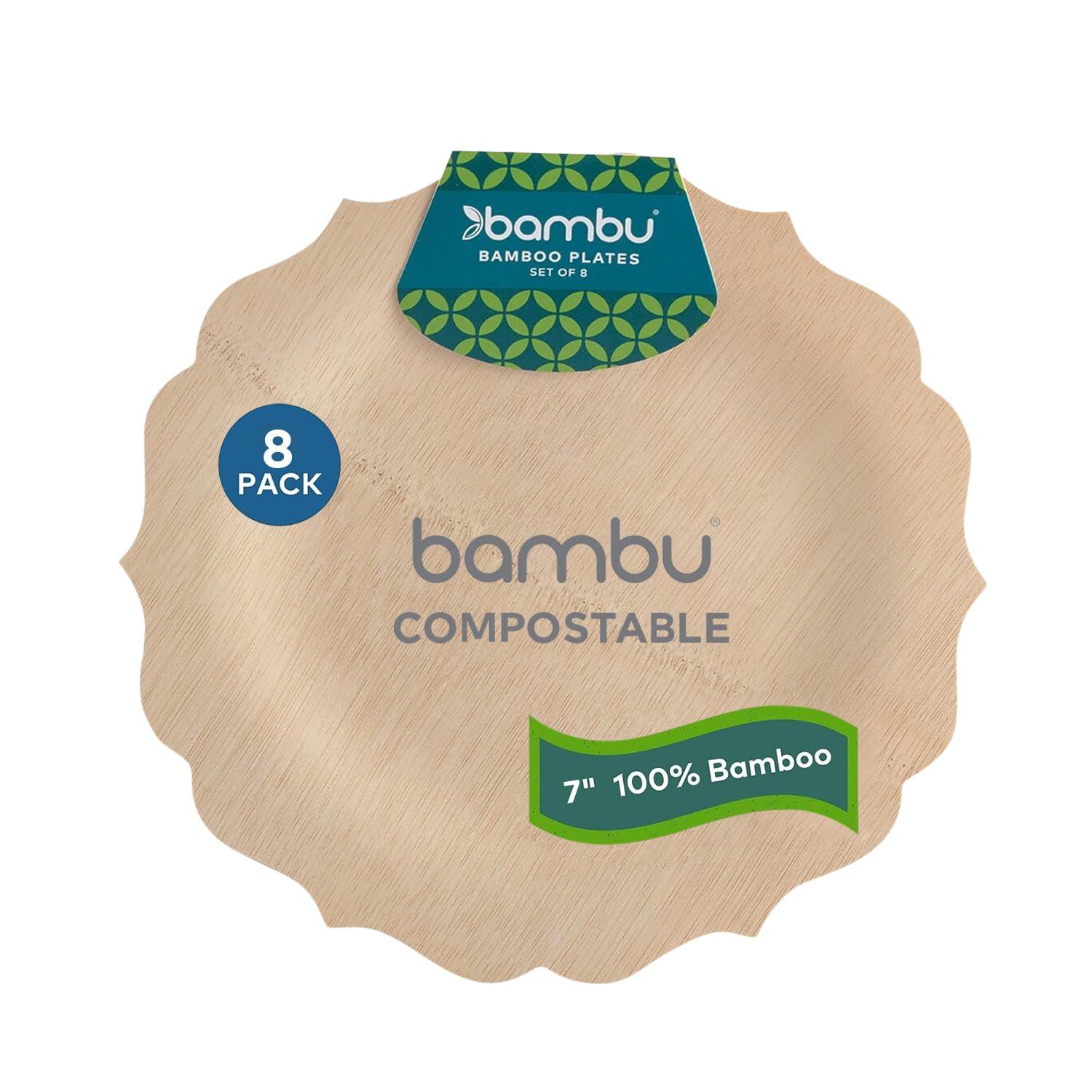 Bambu Bambu Pack of 8 - 7 Inch Disposable Bamboo Plates Fancy, Biodegradable Eco Friendly Products, Bamboo Disposable Plates for Events, Compostable Plates