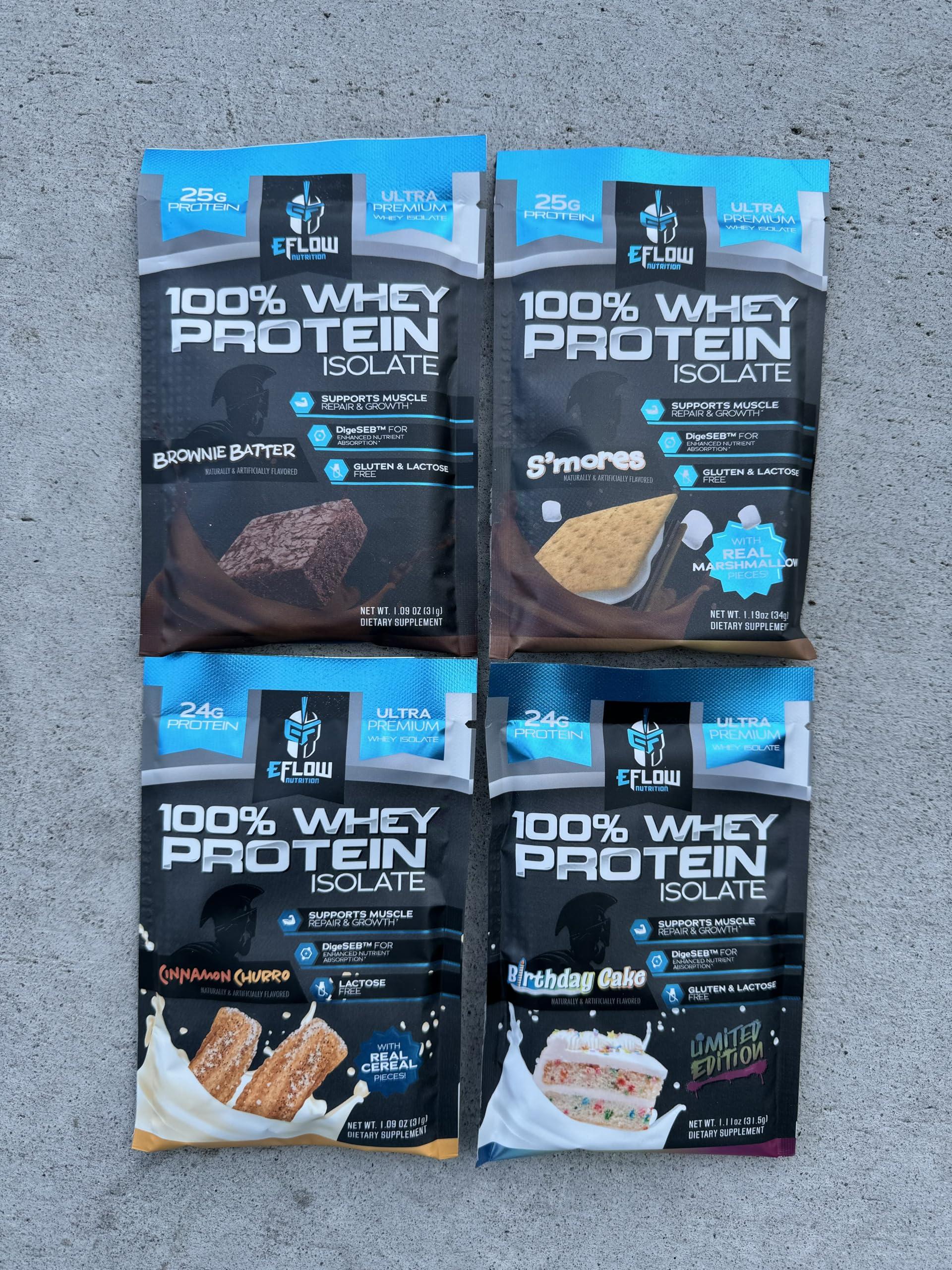 eFlow Nutrition eFlow Nutrition Whey Protein Sample Variety - Isolate Protein Powder Samples, Low Calorie, Fast-digesting, Premium Quality, Travel Packs, Low Carb (4 Pack)
