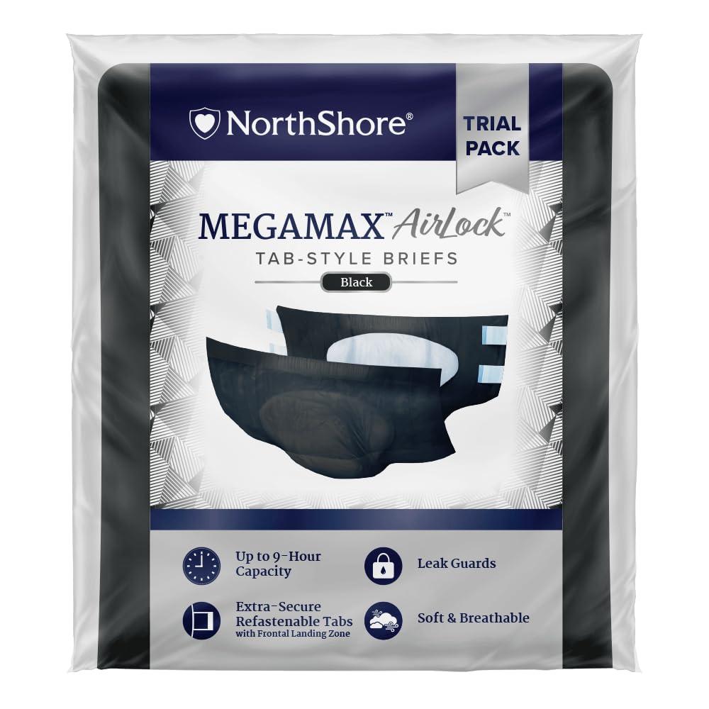NorthShore NorthShore MegaMax AirLock Breathable 9-Hour Heavy-Duty Tab-Style Adult Diapers, Large, Trial Pack of 4, Black, 42-54 inches, Unisex Incontinence Underwear