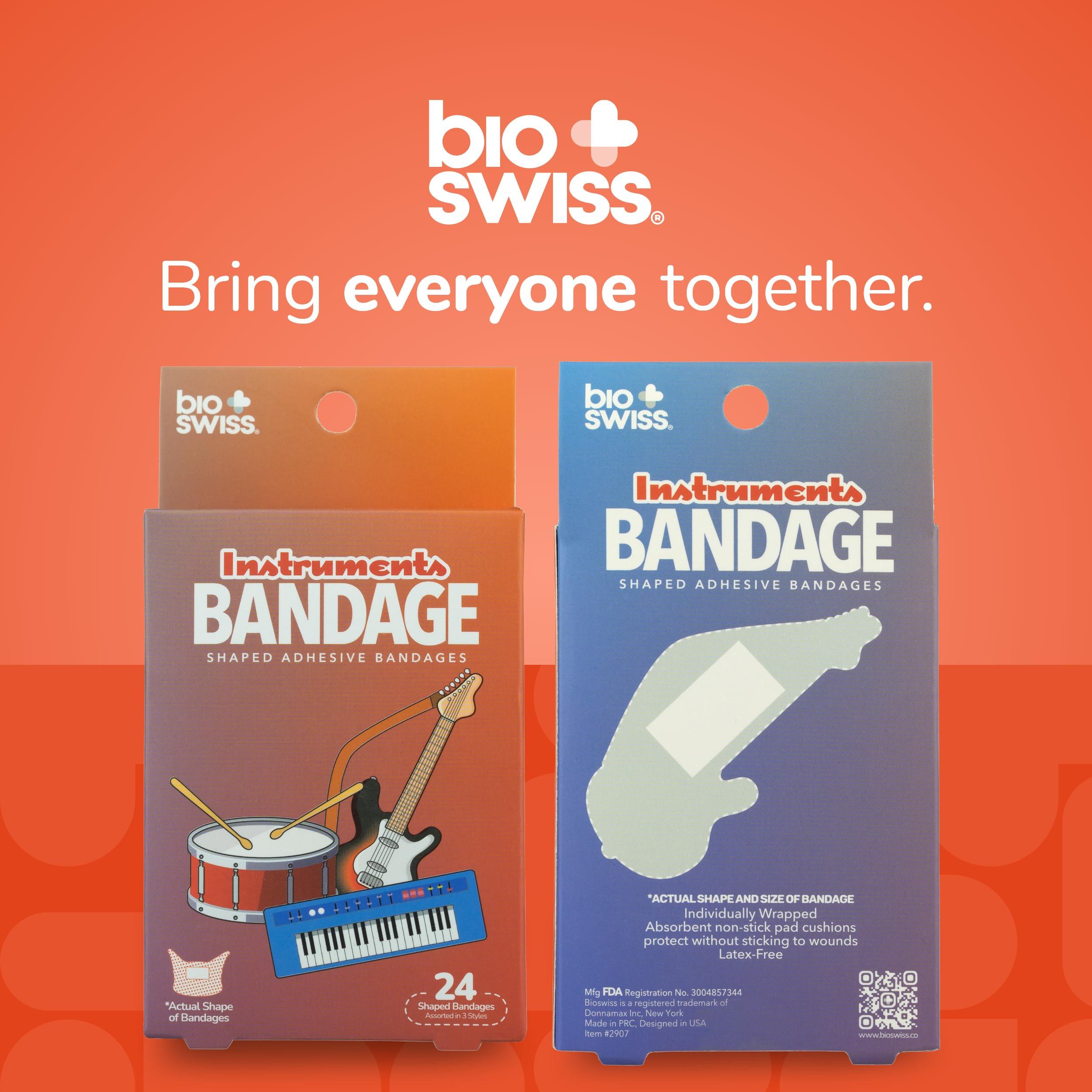 BioSwiss BioSwiss Bandages, Musical Instruments Shaped Self Adhesive Bandage, Latex Free Sterile Wound Care, Fun First Aid Kit Supplies for Kids and Adults, 24 Count