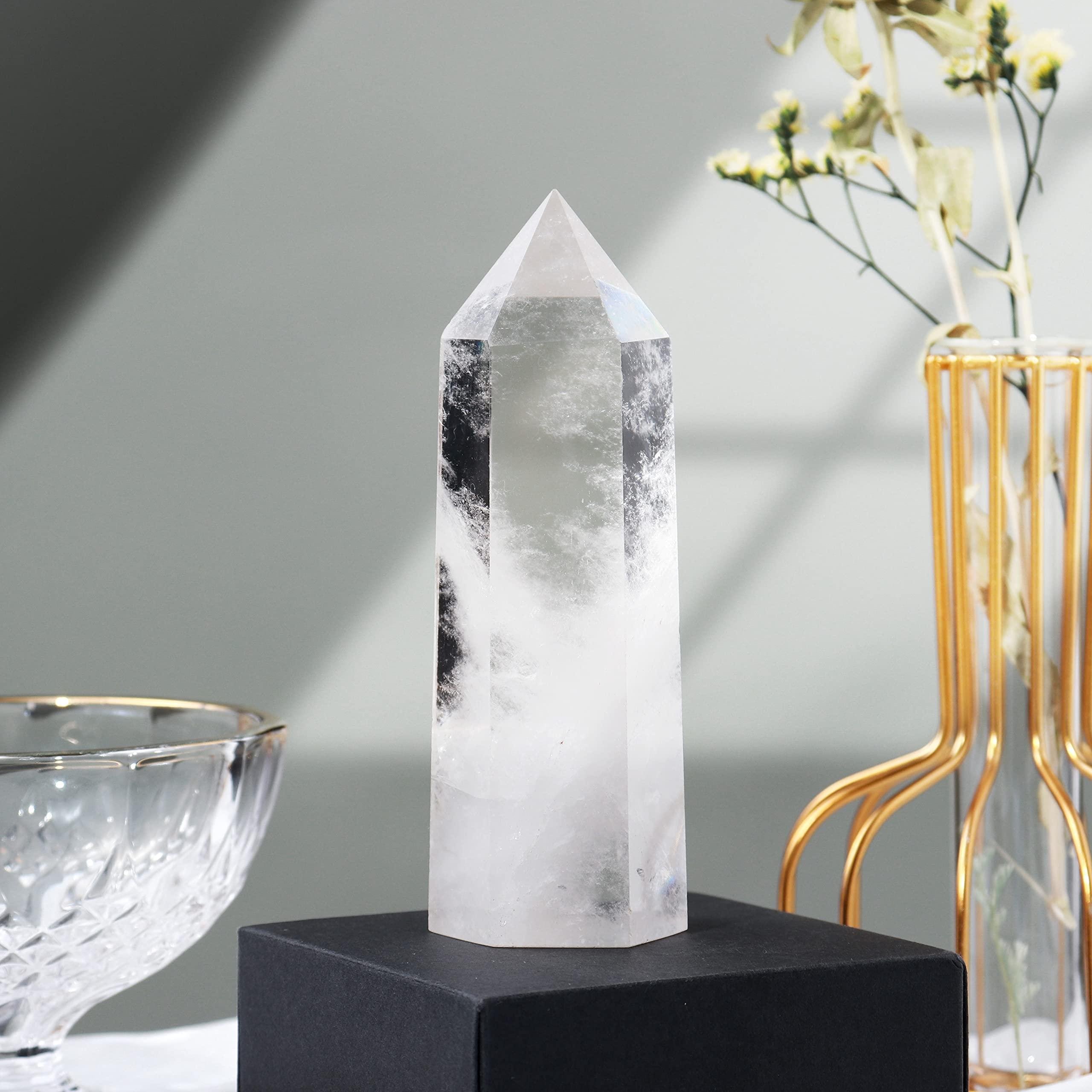 Runyangshi Runyangshi Large Clear Quartz Healing Crystal Wand 4.72\"-5\" Natural Crystal Tower 6 Faceted Single Point Crystal Prism Wand Natural Quartz Stones for Meditation Reiki Chakra Therapy Home Decor Gift