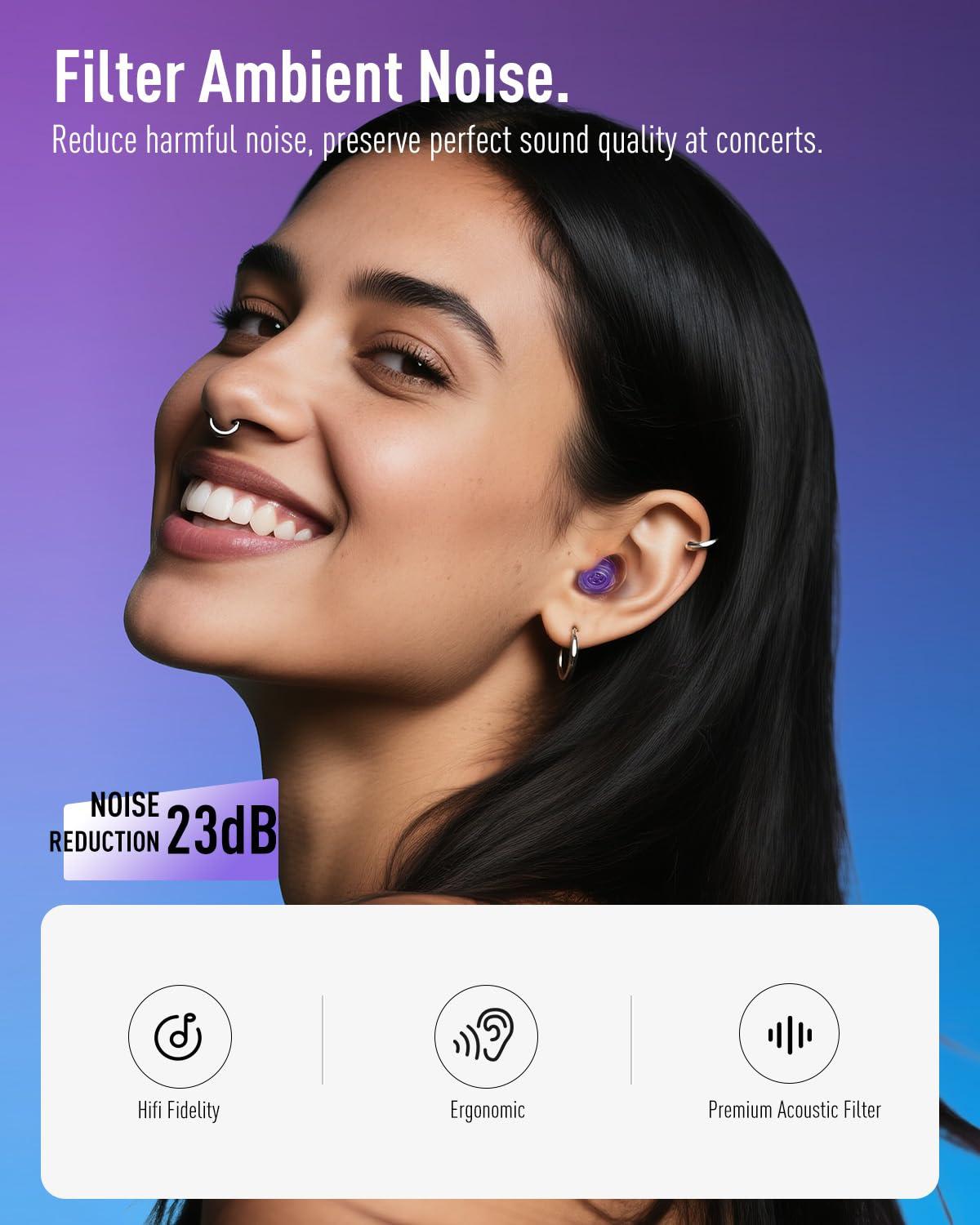 Hearprotek Hearprotek High Fidelity Concert Ear Plugs, 2 Pairs Noise Reduction Music Earplugs, Hearing Protection for Musicians, Festival, DJs, Nightclub, Concerts, Drummers, Party 23dB (Purple)