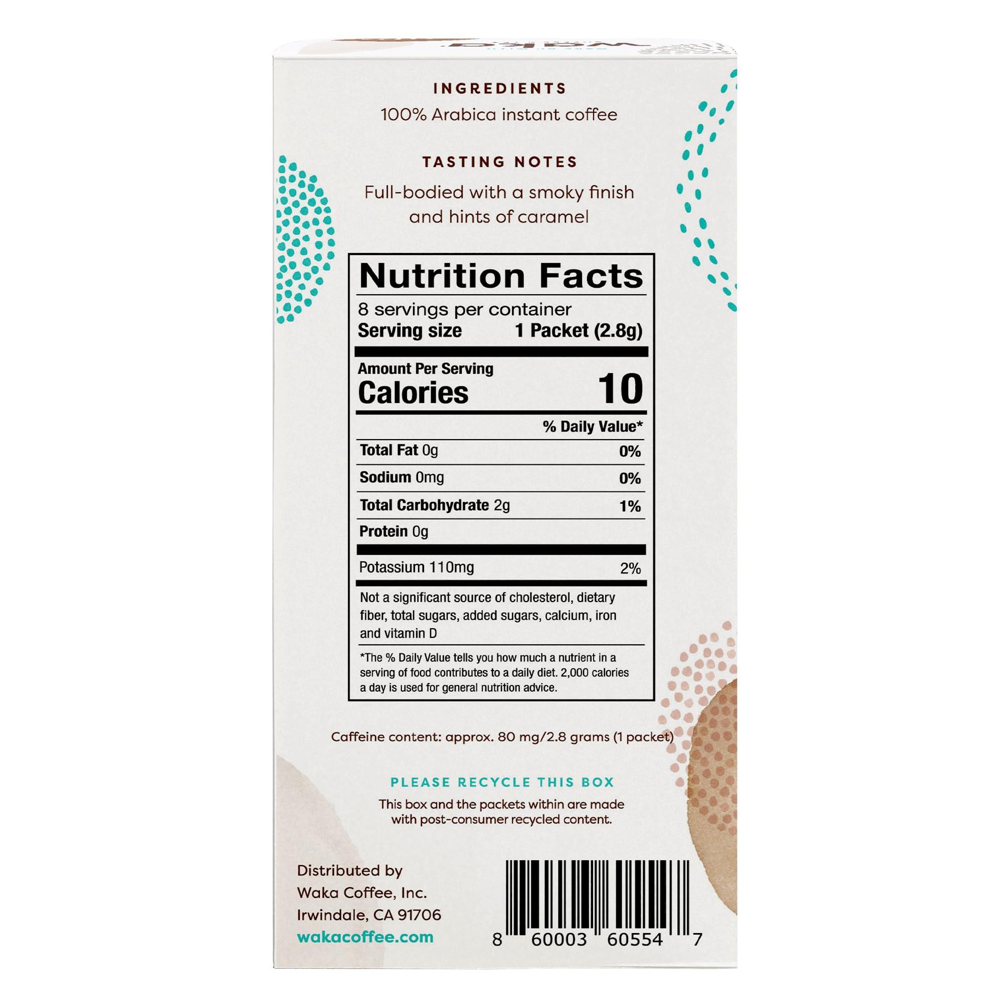 Waka Coffee Waka Instant Coffee, Dark Roast - 100% Arabica Beans, Freeze Dried Granules, No Additives - Single Serve Packets for Quick Hot and Iced Coffees (8 Individual Coffee Packets)