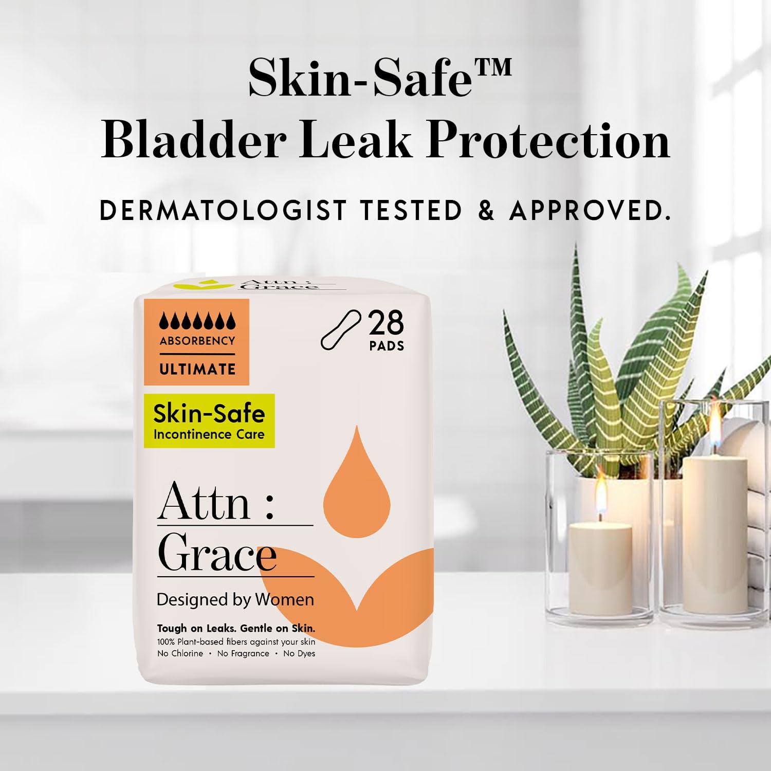ATTN : GRACE Attn: Grace Ultimate Incontinence Pads for Women, 28-Pack - High Absorbency, Breathable, Plant-Based - Overnight Pads for Heavy Bladder Leaks & Sensitive Skin
