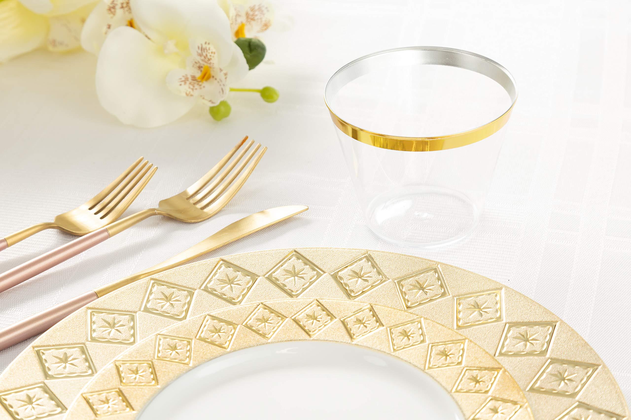 DECPREP Gold Rimmed Clear Cups 9 oz. | Old Fashioned Tumblers | Elegant Plastic Party Cups | Fancy Disposable Wedding Cups | Heavy Duty Gold Rimmed Cups (100 ct)