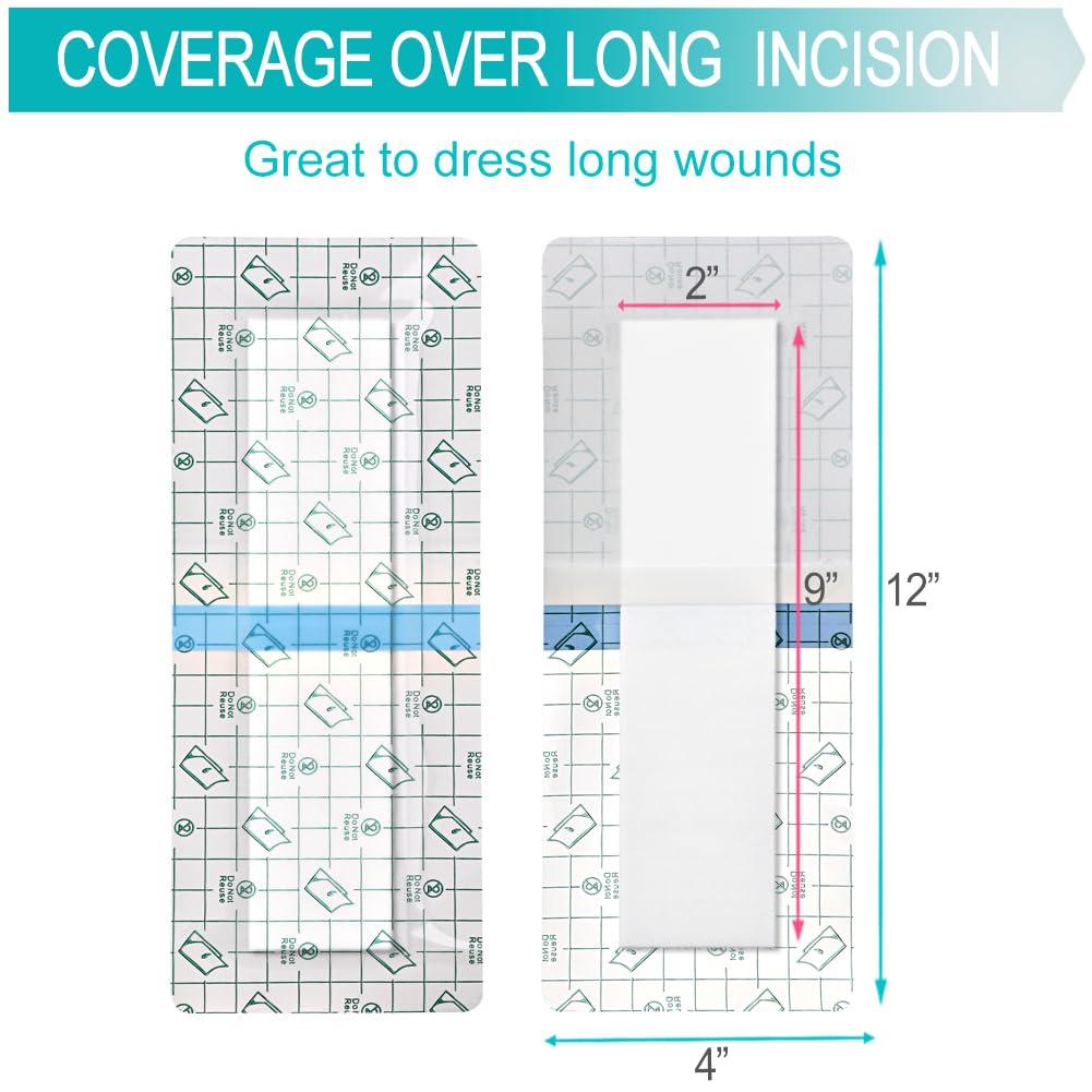 EaseCare C-Section Waterproof Abdominal Incision Bandages Post Hysterectomy Tummy Tuck Shower Protector Scar Cover with Protective Pad Patches Island Dressing Tapes Large Wound Care Supplies 4x12 Pack of 25