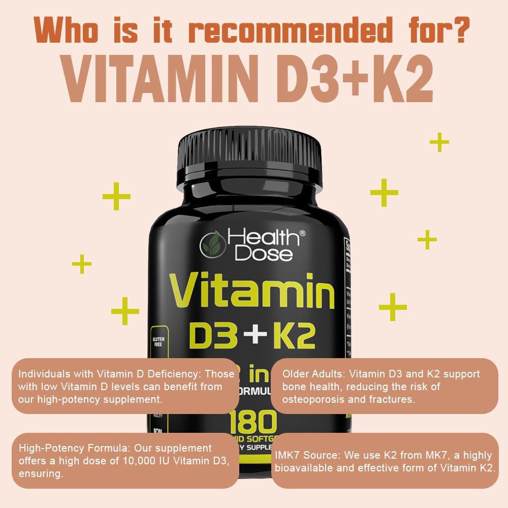 Health Dose Health Dose Vitamin D3 10,000 IU + K2 (MK7) Supplement, 2-in-1 Formula, Immune Support, a Healthy Mood, Heart, Joint, Teeth, Bone Health, Calcium Absorption, 180 softgels. (2)