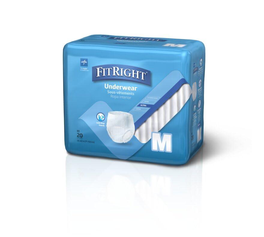 Medline FitRight Ultra Unisex Adult Protective Underwear, Medium Size for Waist 28-40 Inches, Heavy Absorbency, Dependable Incontinence Protection, 80 Count (4 Packs of 20)