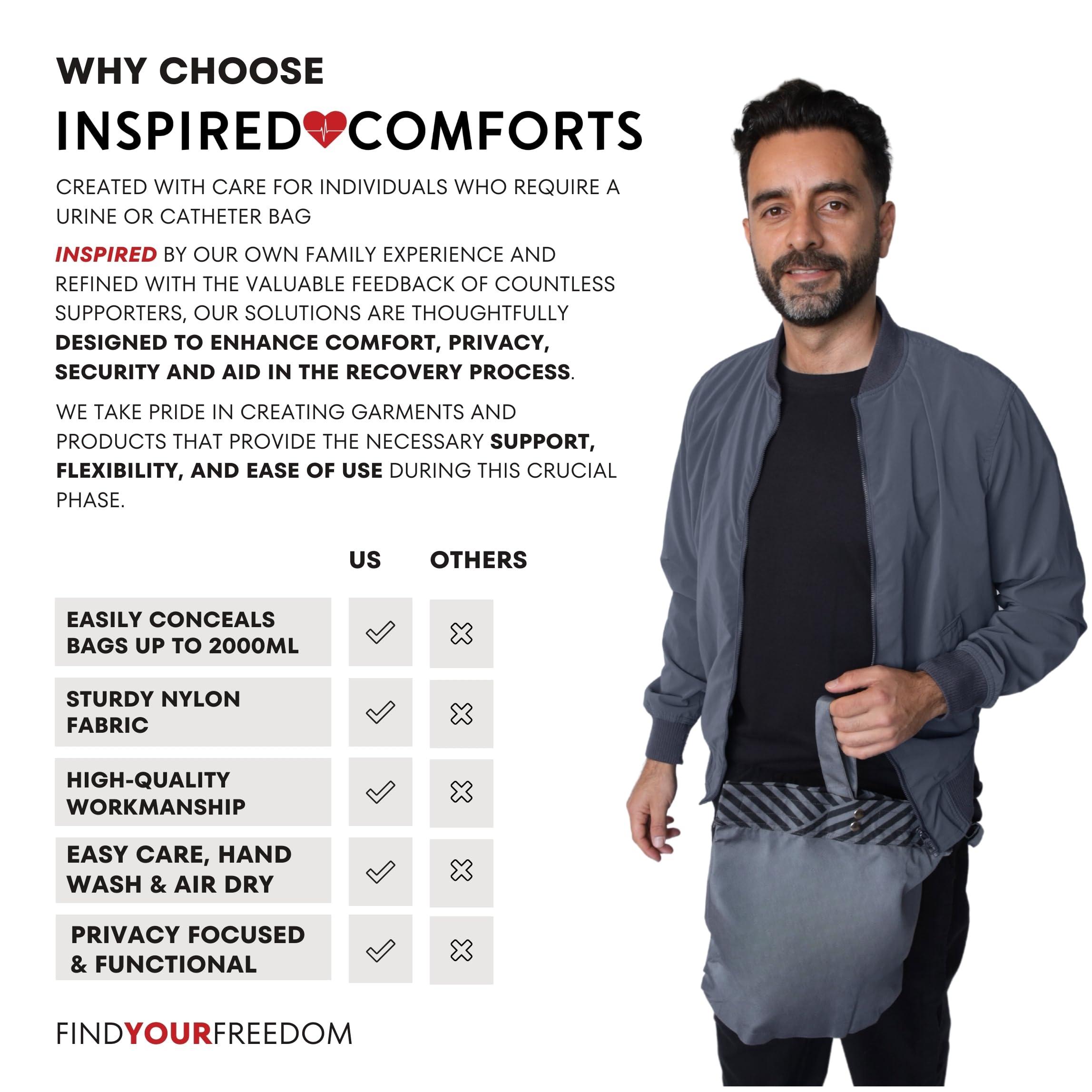 Inspired Comforts Inspired Comforts Urine Catheter Bag Cover with Snap on Pipe Cover & Hanging Strap | Easy Access | Secure & Discreet | Men & Women | 2000ml | Grey Stripe