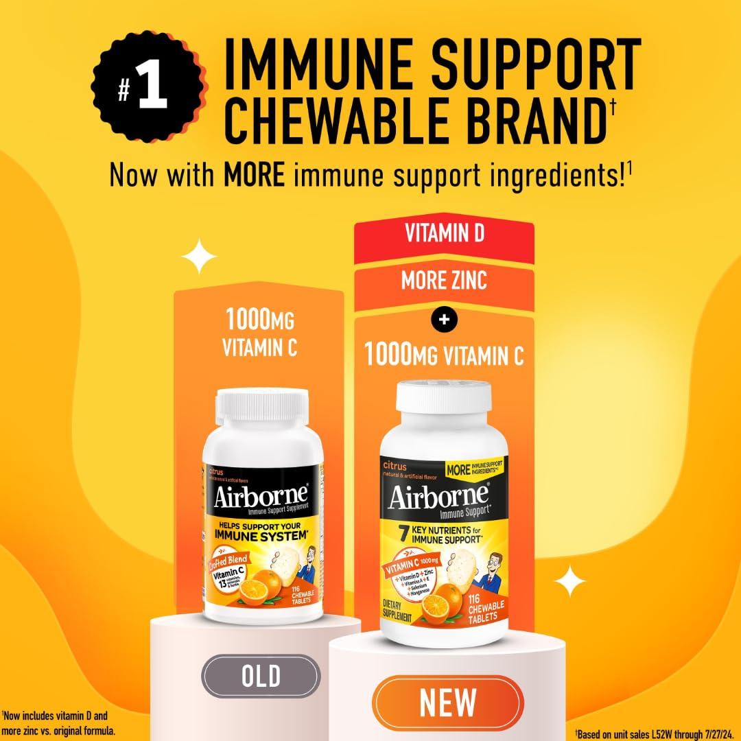 Airborne Airborne 1000mg Vitamin C + Zinc Immune Support Supplement Chewable Tablets, Citrus Flavor with Powerful Antioxidants Vitamins A C & E, 116 Chewable Tablets (2 Pack)
