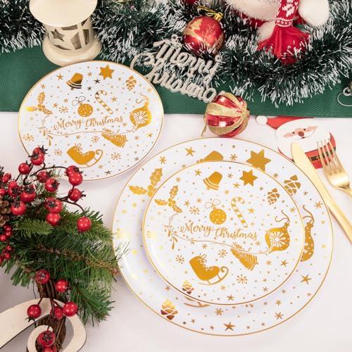U-QE U-QE 60pcs Christmas Disposable Plates, Gold Christmas Plastic Plates for 30 Guests Include 30 Dinner Plates 10.25 & 30 Dessert Plates 7.5, Premium Gold Party Supplies for Christmas Theme Party