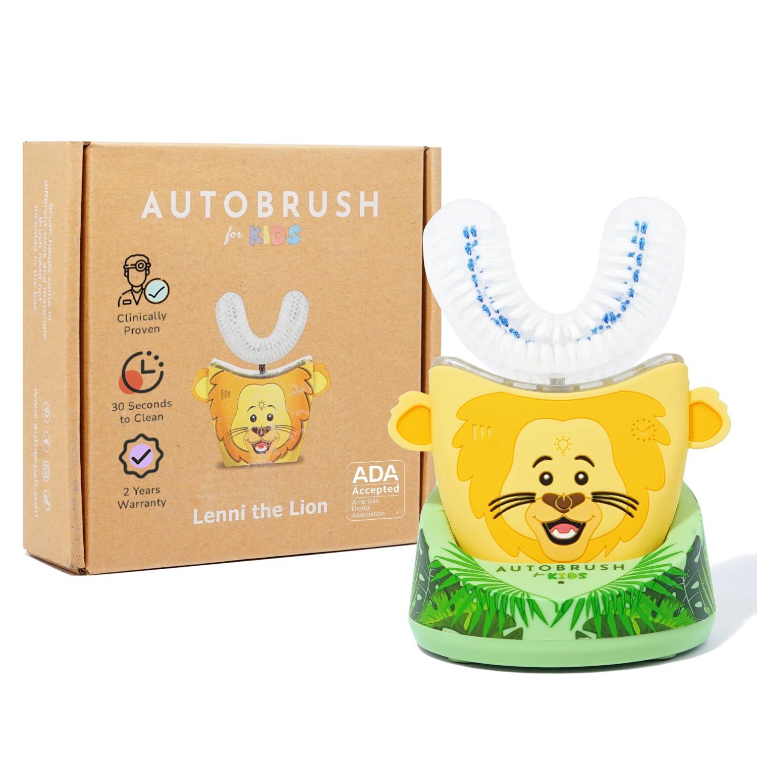 autobrush autobrush Kids U Shaped Electric Toothbrush, ADA Accepted, Sonic Pro with Unique 360 Nylon Bristles 3 Cleaning Modes,Whitening LED-Lights,Plays Music (Double-Sided),Ages 9-12, Lion