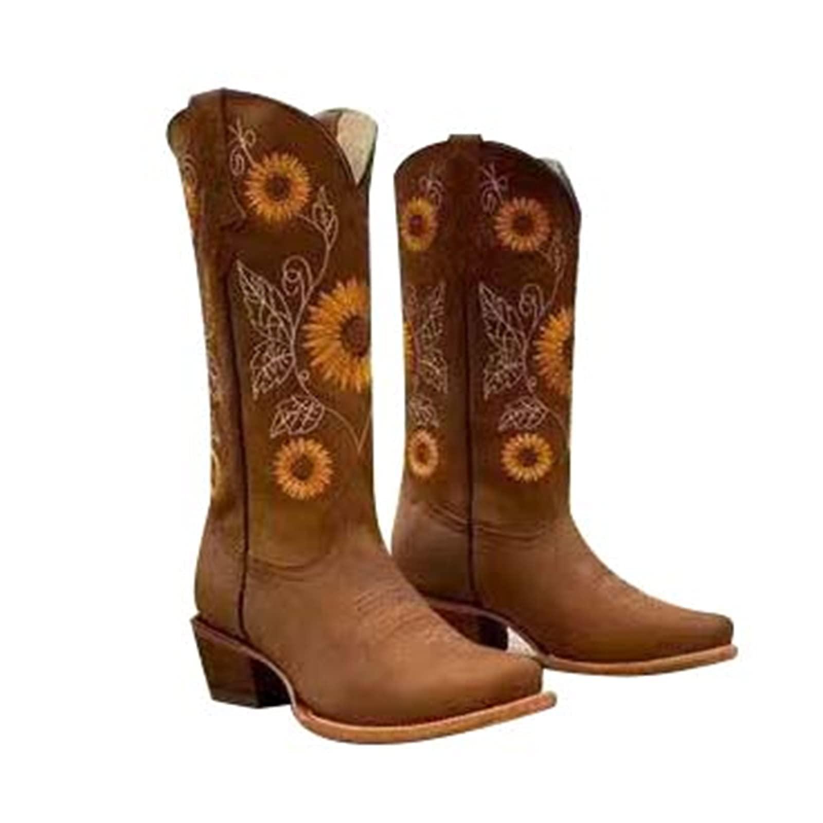 XHLEMON Cowboy Boots for Women Sunflower Embroidery Stitched Square Toe Low Heel Boot Mid-Calf Cowgirl Western Boots Ladies Pointy Toe Fashion Boots Khaki Brown Coffee US 5-10.5