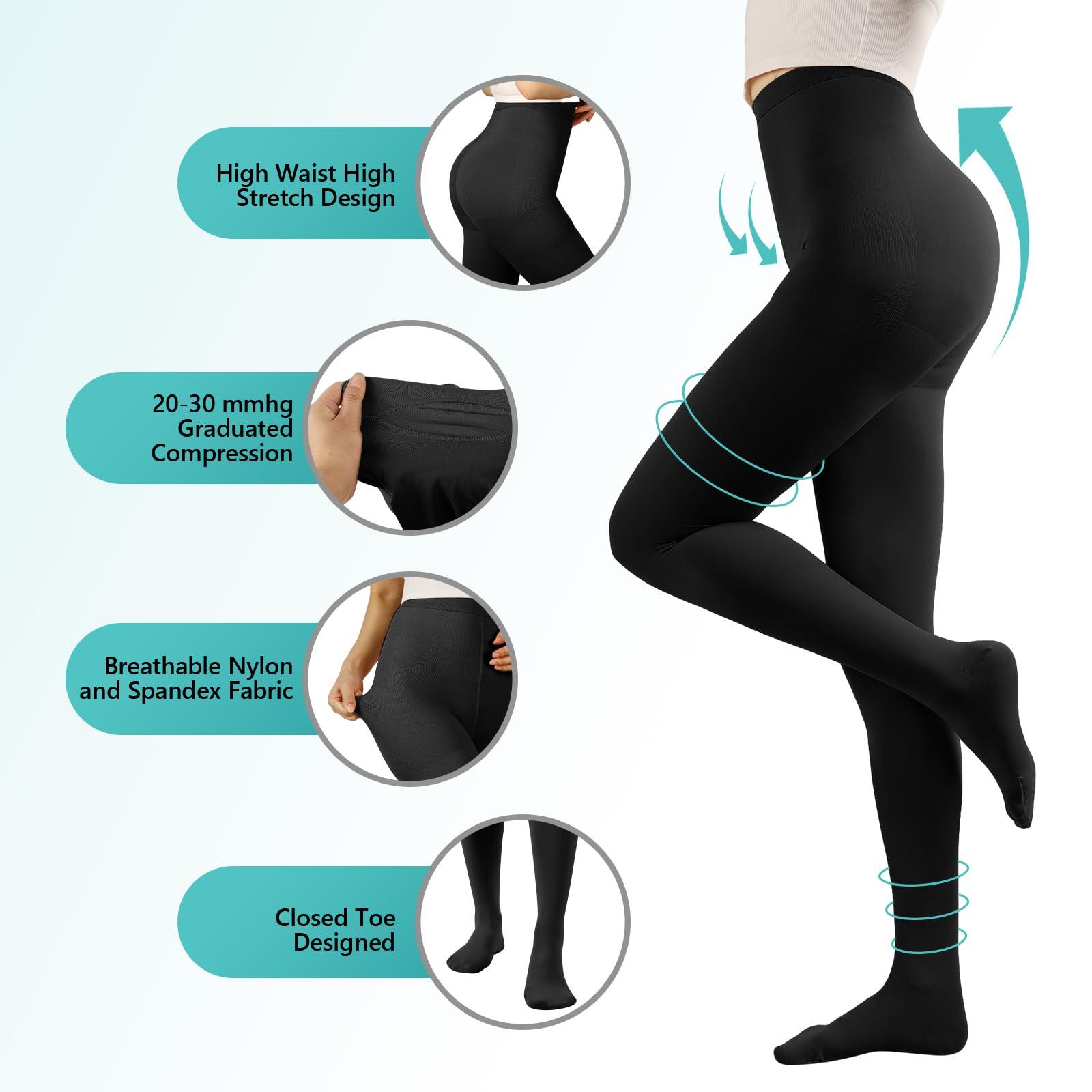 Laubawck Compression Pantyhose Stockings for Women Men, 20-30 mmHg Medical Graduated Support Opaque Closed Toe Hose Tights for Swelling, Edema Varicose Veins Waist High Compression Stockings