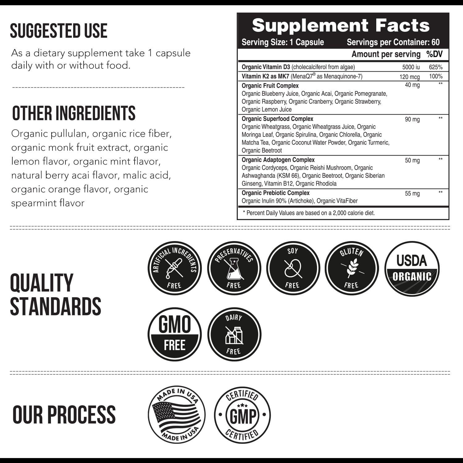 Triquetra Health Organic Plant D3 + K2 | 5000 iu D3 + 120 mcg K2 as All-Trans MK7 from MenaQ7 - 100% Whole Food, Raw & Vegan | Enhanced Digestion with Prebiotic & Superfood Complex D3 from Organic Algae (60 Count)