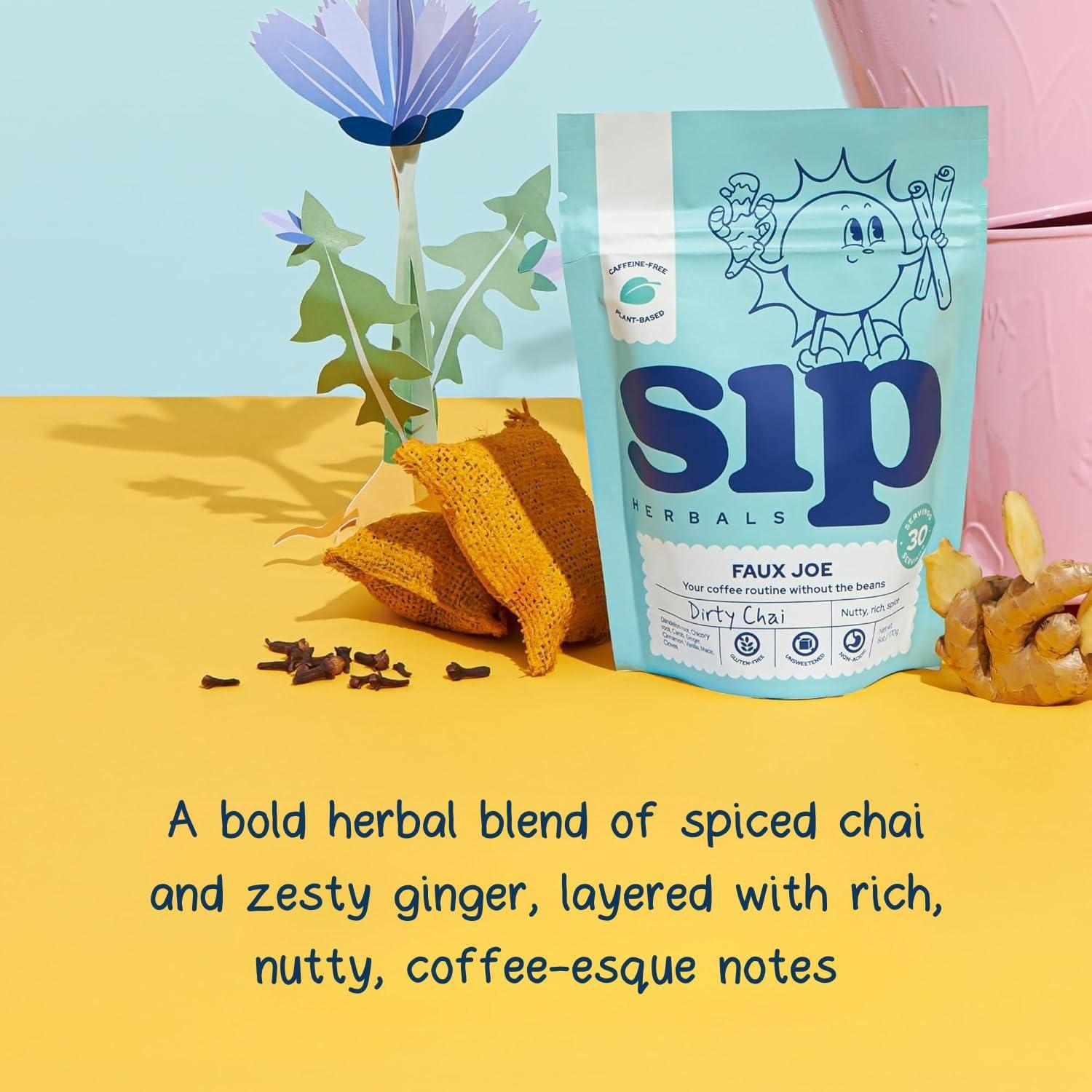 Sip Herbals Sip Herbal Coffee Alternative Herbal Tea - Boost Energy & Focus - Caffeine Free Organic Coffee Substitute Made with Carob, Dandelion, Chicory - Dirty Chai Roast (30 Servings) - Loose Leafs