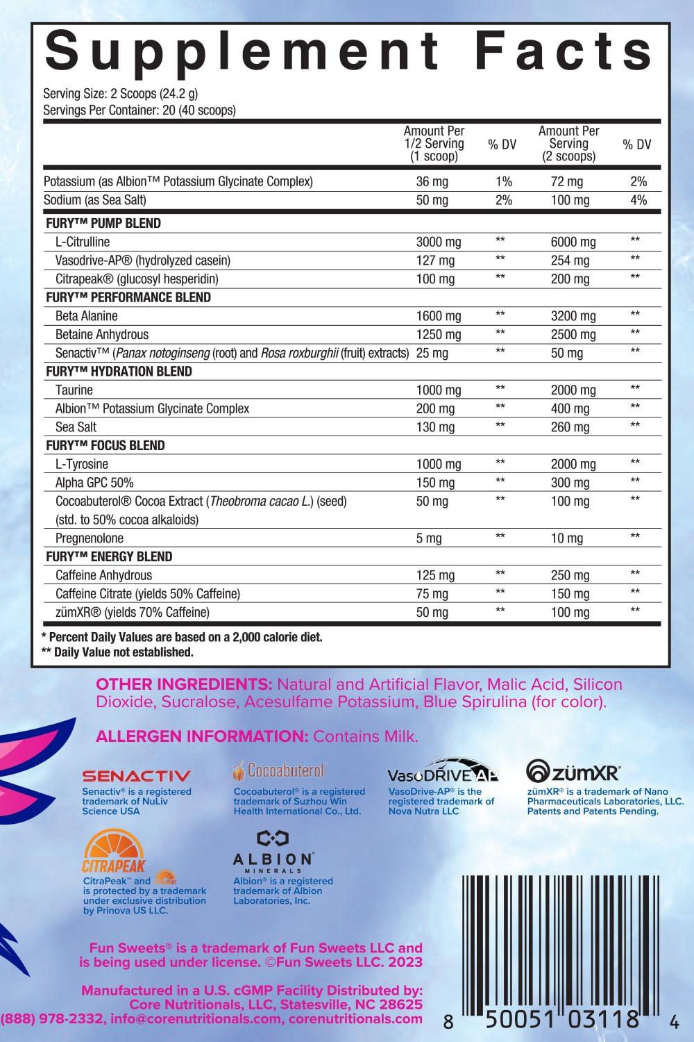 Core Nutritionals Core Nutritionals Fury V2: Pre-Workout Powder to Maximize Performance in The Gym W/Zum-XR Caffeine, L-CItruline, and Alpha GPC (40 Scoops) (Fun Sweets Blue Raspberry)