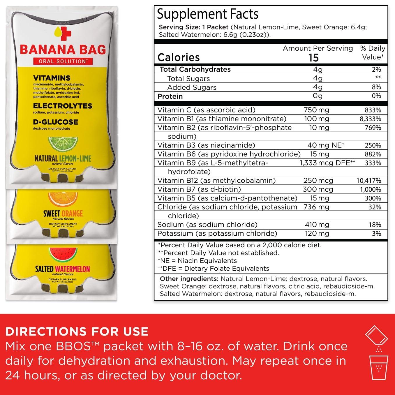Banana Bag Oral Solution Banana Bag Oral Solution Packets Salted Watermelon 5pk | A Refreshing Blend of Electrolytes, Vitamin C, and B-Complex for Hydration and Energy. Convenient, Easy-to-Mix, and Perfect for Daily Use.